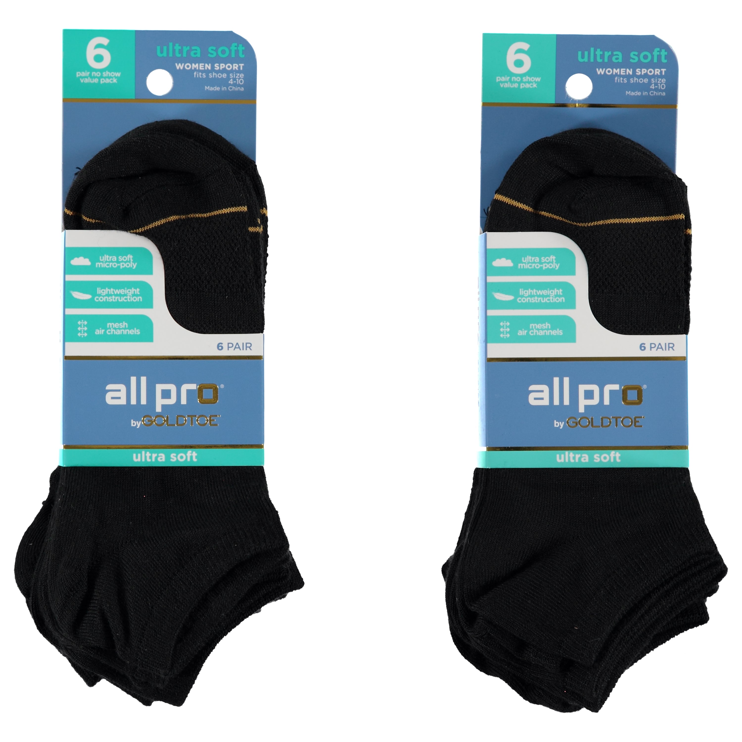 All Pro By Goldtoe 6 Pack Ladies Black Super Soft No Show Socks - Assorted Colors & Sizes 9-11 (1408761)