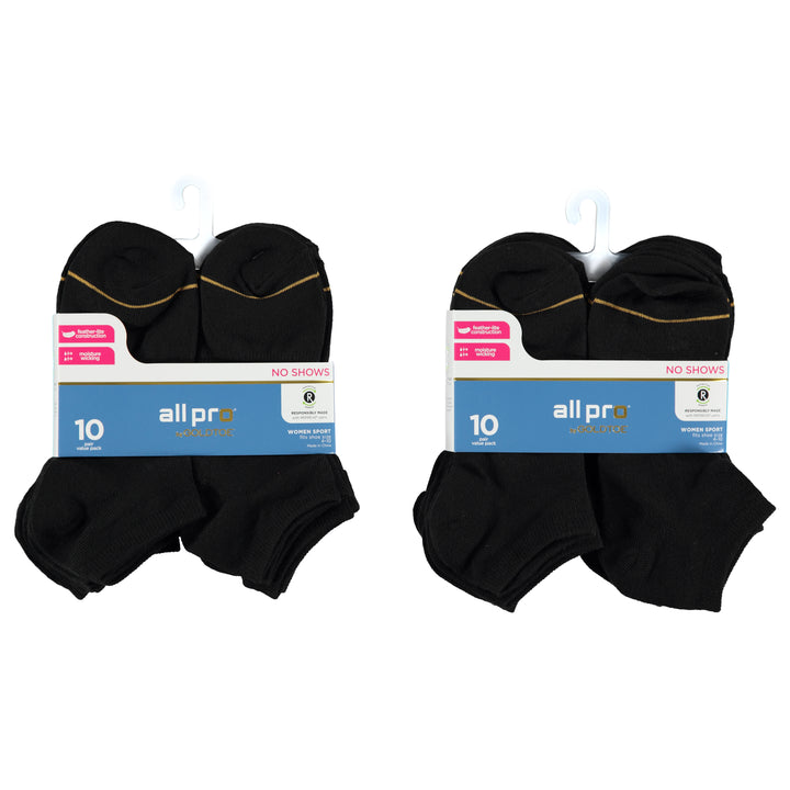 All Pro By Goldtoe 10 Pack Ladies No Show Black Socks - Assorted Colors & Sizes 9-11 (1551388)