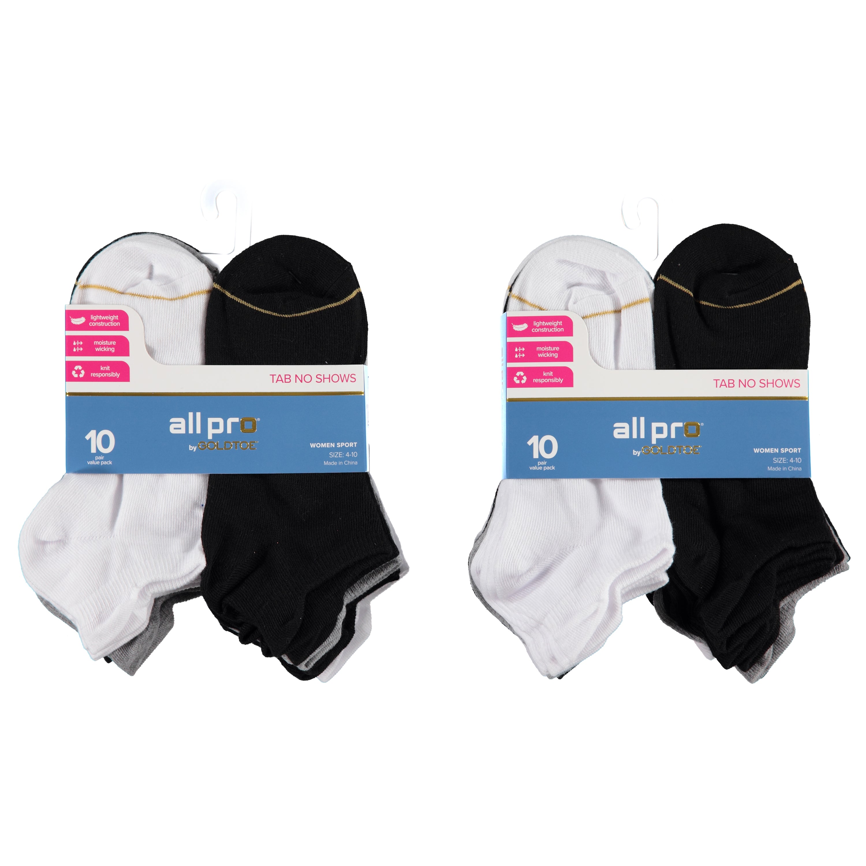 All Pro By Goldtoe 10 Pack Ladies Cotton No Show With Tab Socks - Assorted Colors & Sizes 9-11 (1627329)