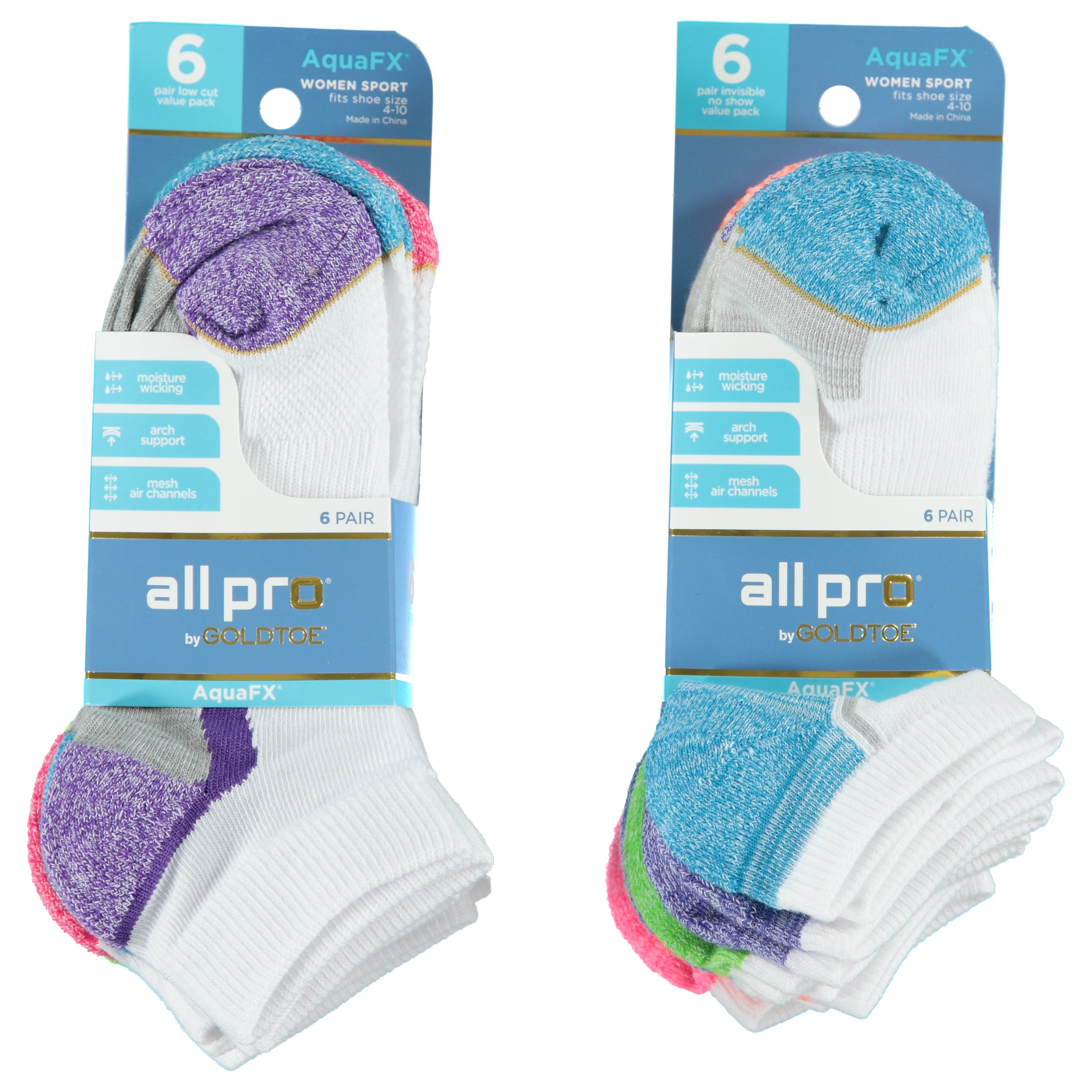 All Pro By Goldtoe 6 Pack Ladies Cushion Aquafx Colored No Show Socks - Assorted Colors & Sizes 9-11 (1628705)