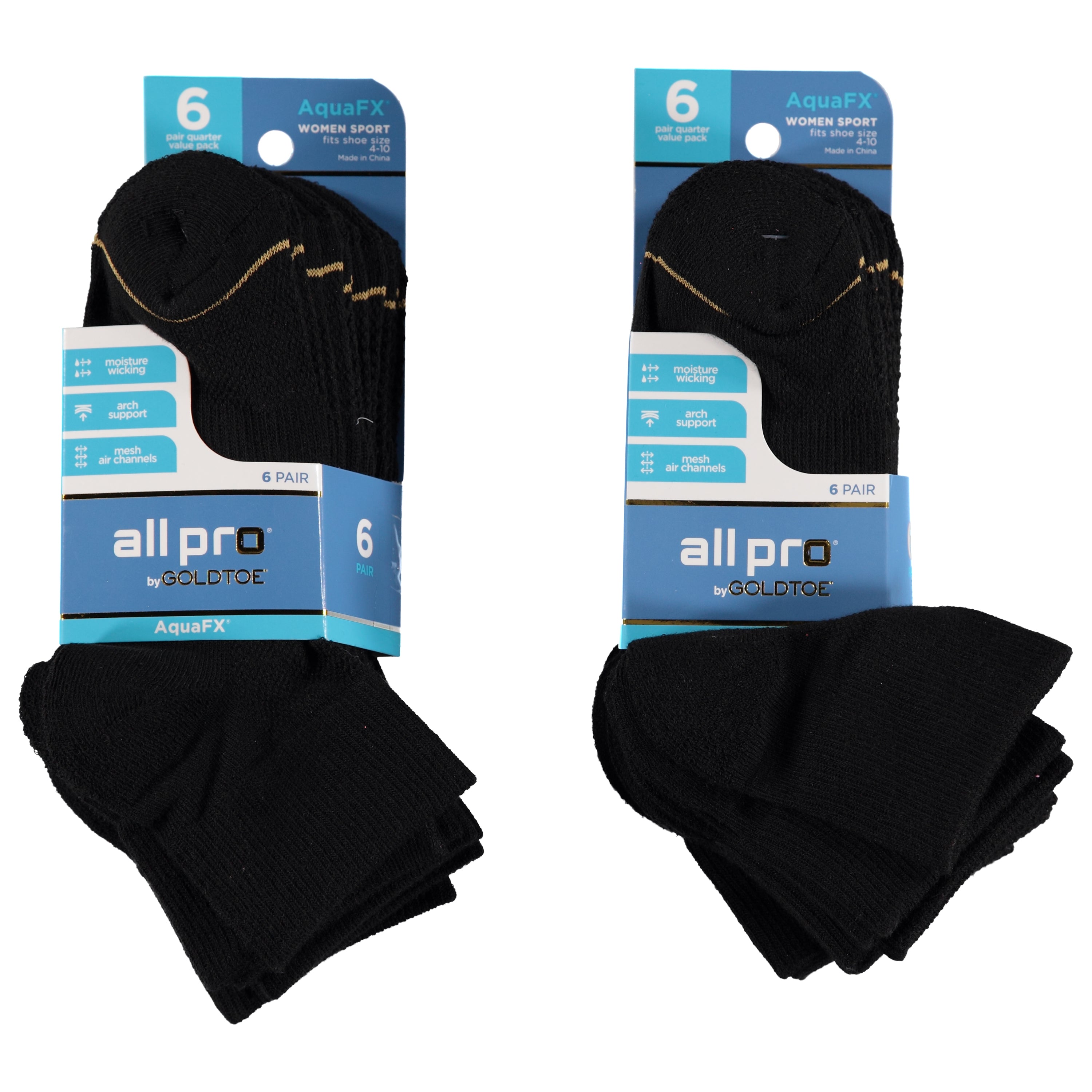 All Pro By Goldtoe 6 Pack Ladies Aquafx Black Quarter Socks - 9-11 (1628727)