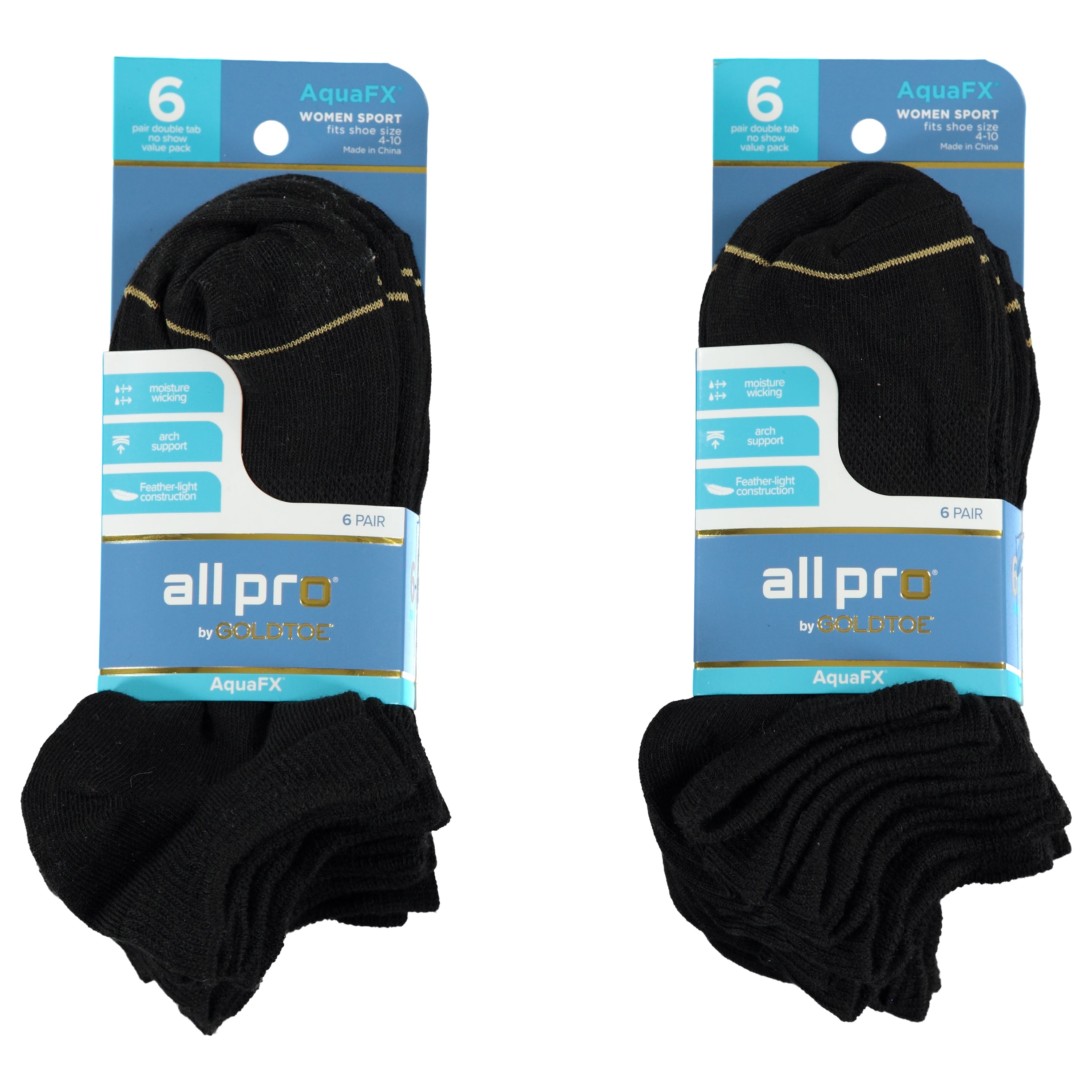 All Pro By Goldtoe 6 Pack Ladies Aquafx Black No Show Socks - Assorted Colors & Sizes 9-11 (1636761)