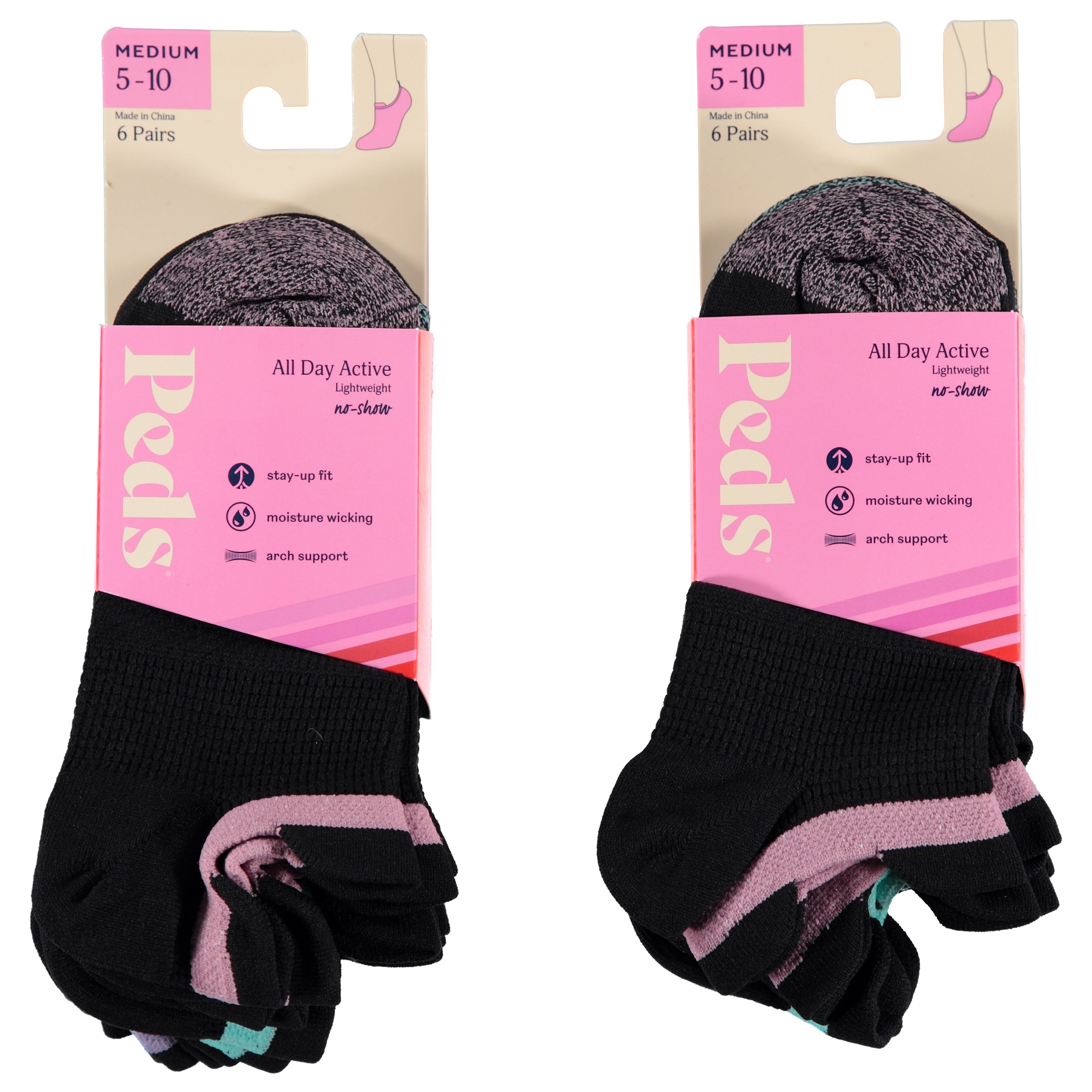 Peds 6 Pack Ladies Mesh Black No Show Socks With Tabs - 9-11 (1724395)
