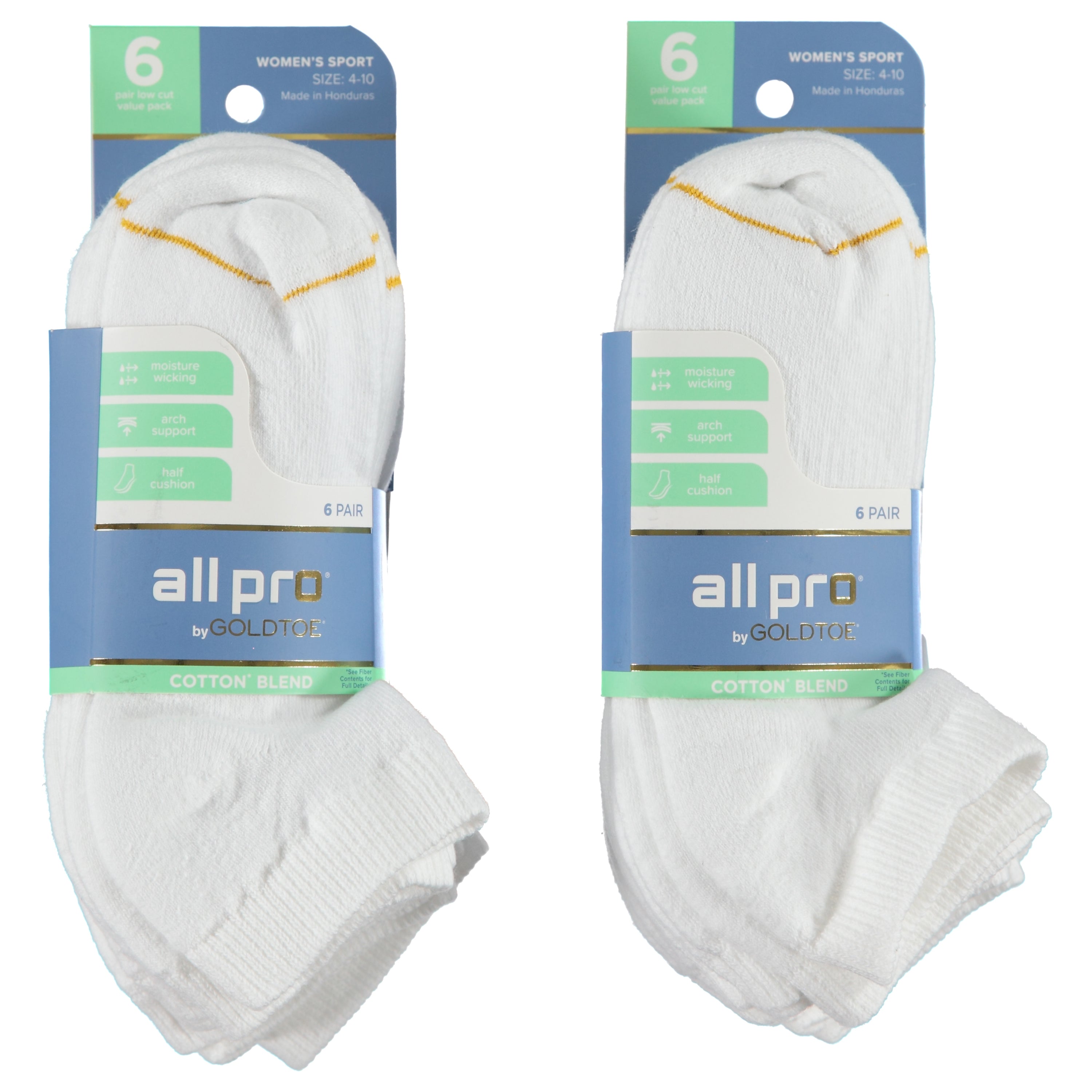 All Pro By Goldtoe 6 Pack Ladies Cushion Cotton White Low Cut Socks - Assorted Colors & Sizes 9-11 (1733740)