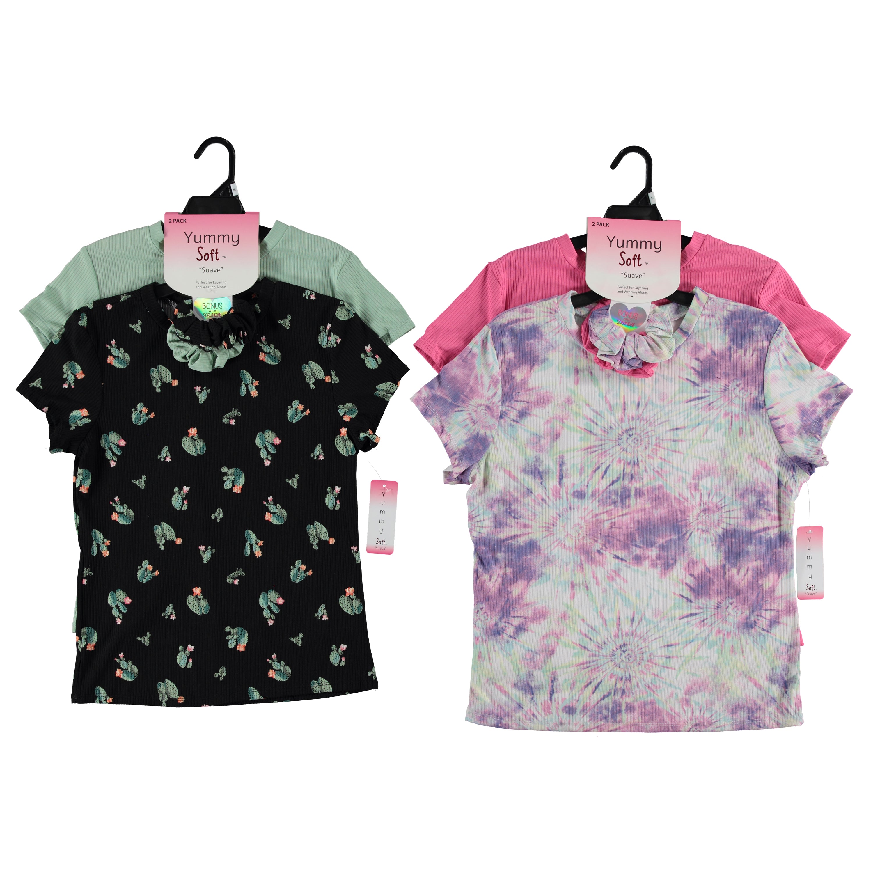 Ladies Yummy 2 Pack Tee With Scrunchies On Hangers - Assorted Colors & Sizes To Each Carton (28810)