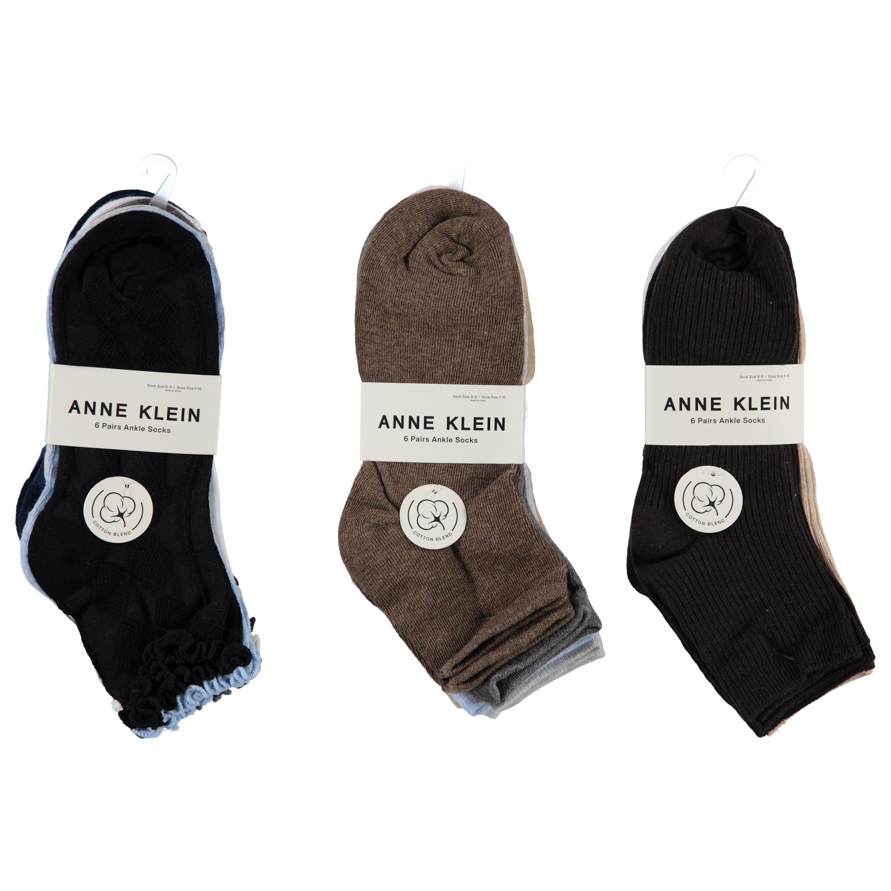 Anne Klein Ladies 6 pack Cotton Quarter Socks - Assorted Designs & Colors (AKL2566-6)