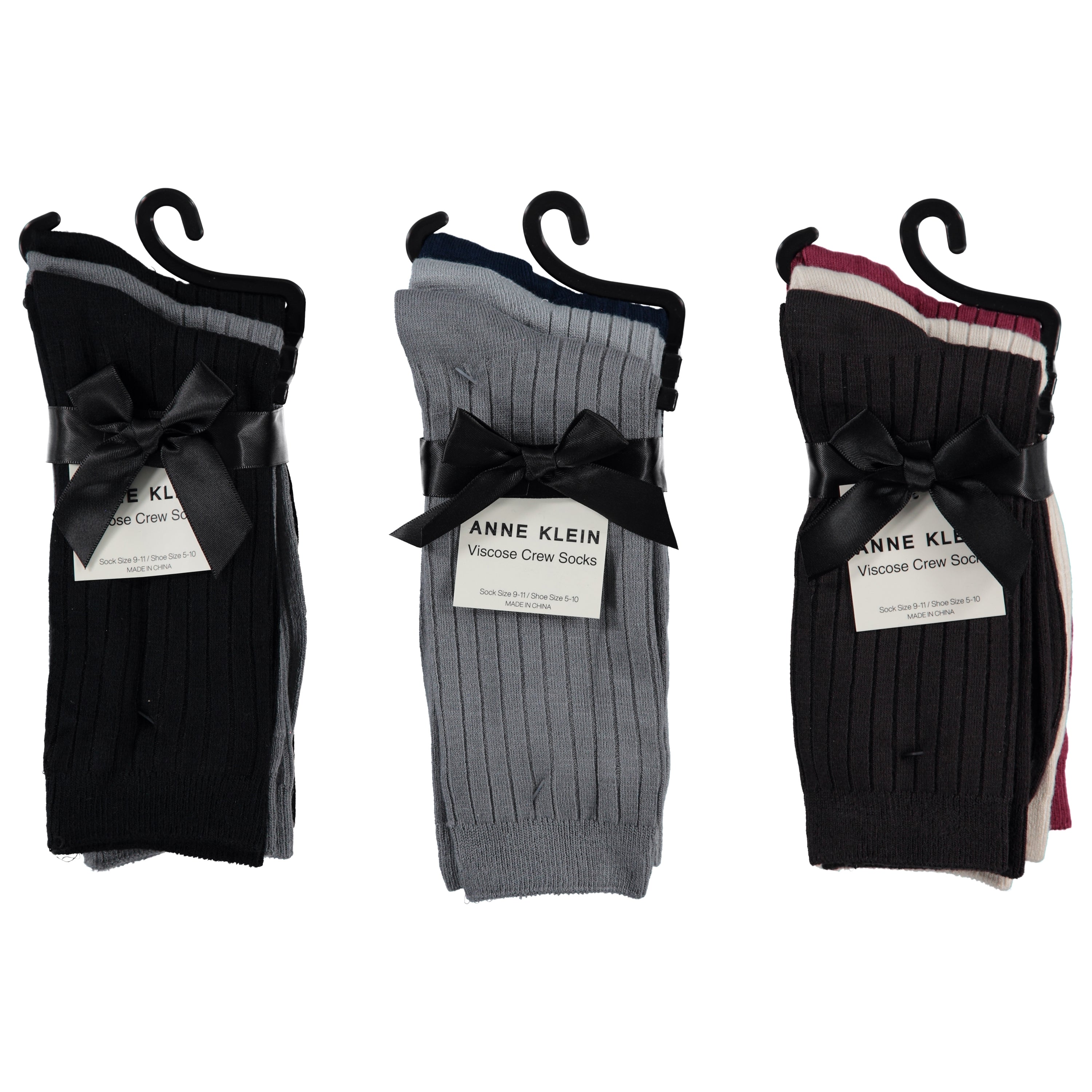 Anne Klein Ladies 3 pack Viscose Ribbed Crew Socks - Assorted Designs & Colors (AKL4311-3)