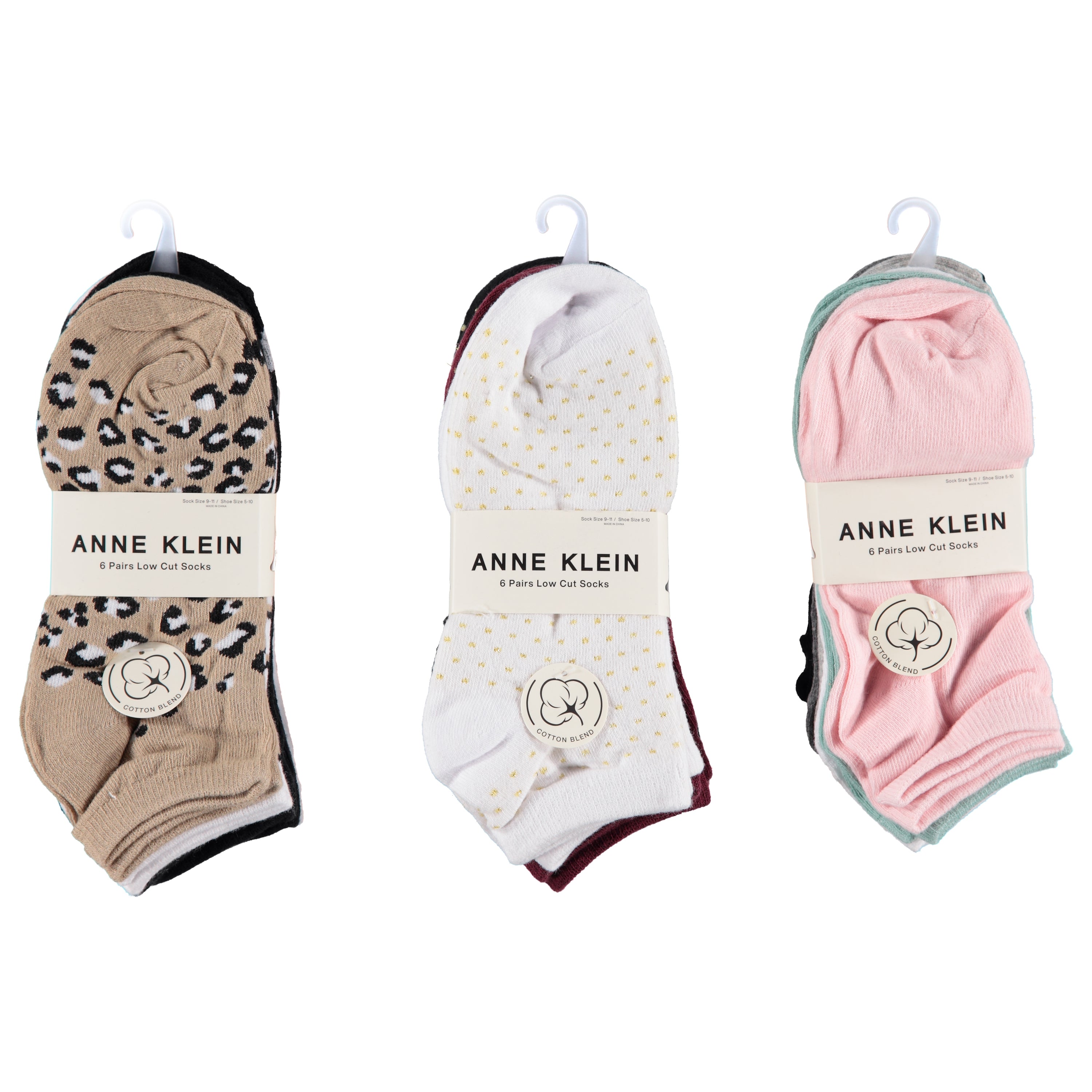Anne Klein Ladies 6 Pack Cotton Quarter Socks - Assorted Designs & Colors (AKLQ6-C)