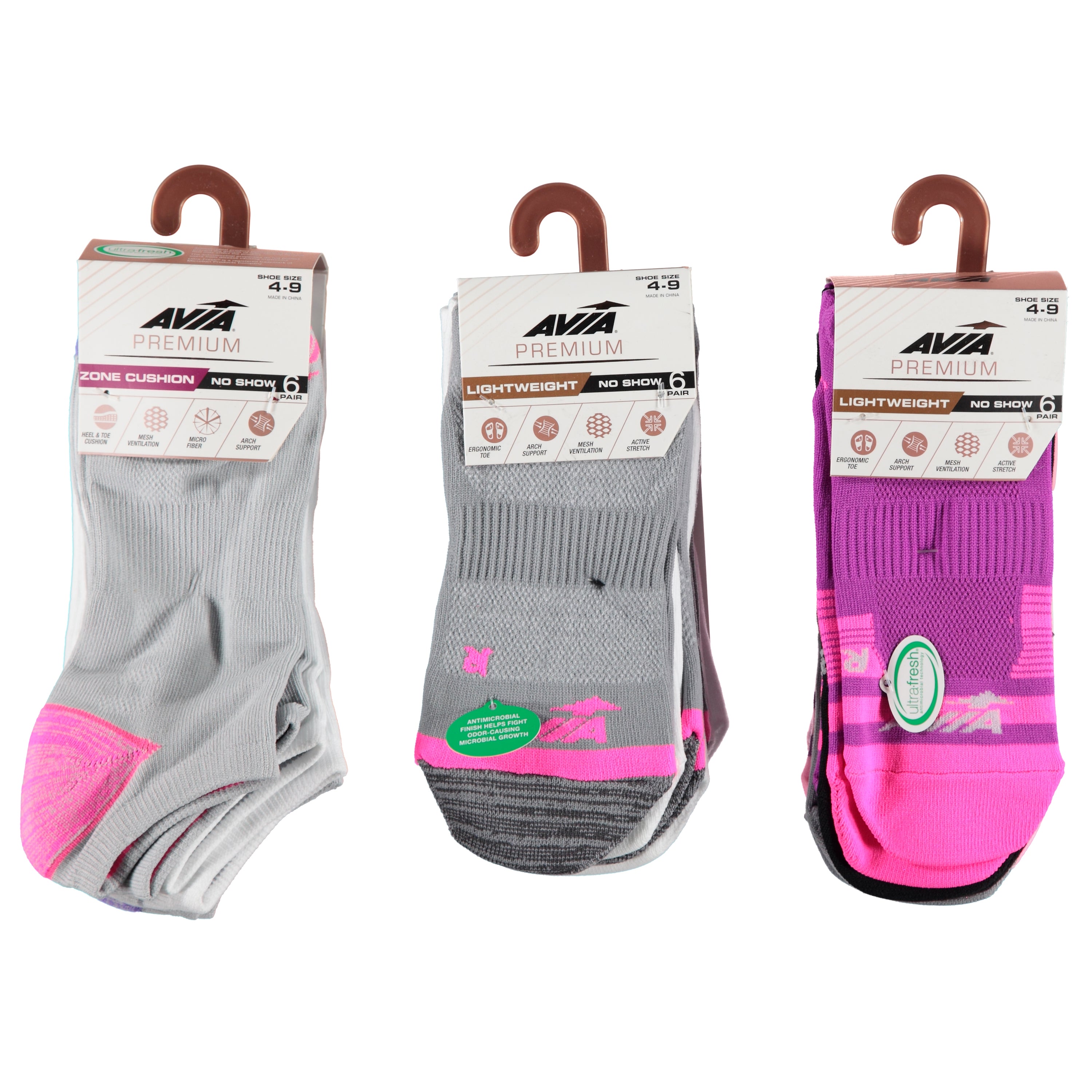 Avia Premium Ladies Design 6 Pack Nylon No Show Socks - Assorted Colors (AVLSS6)