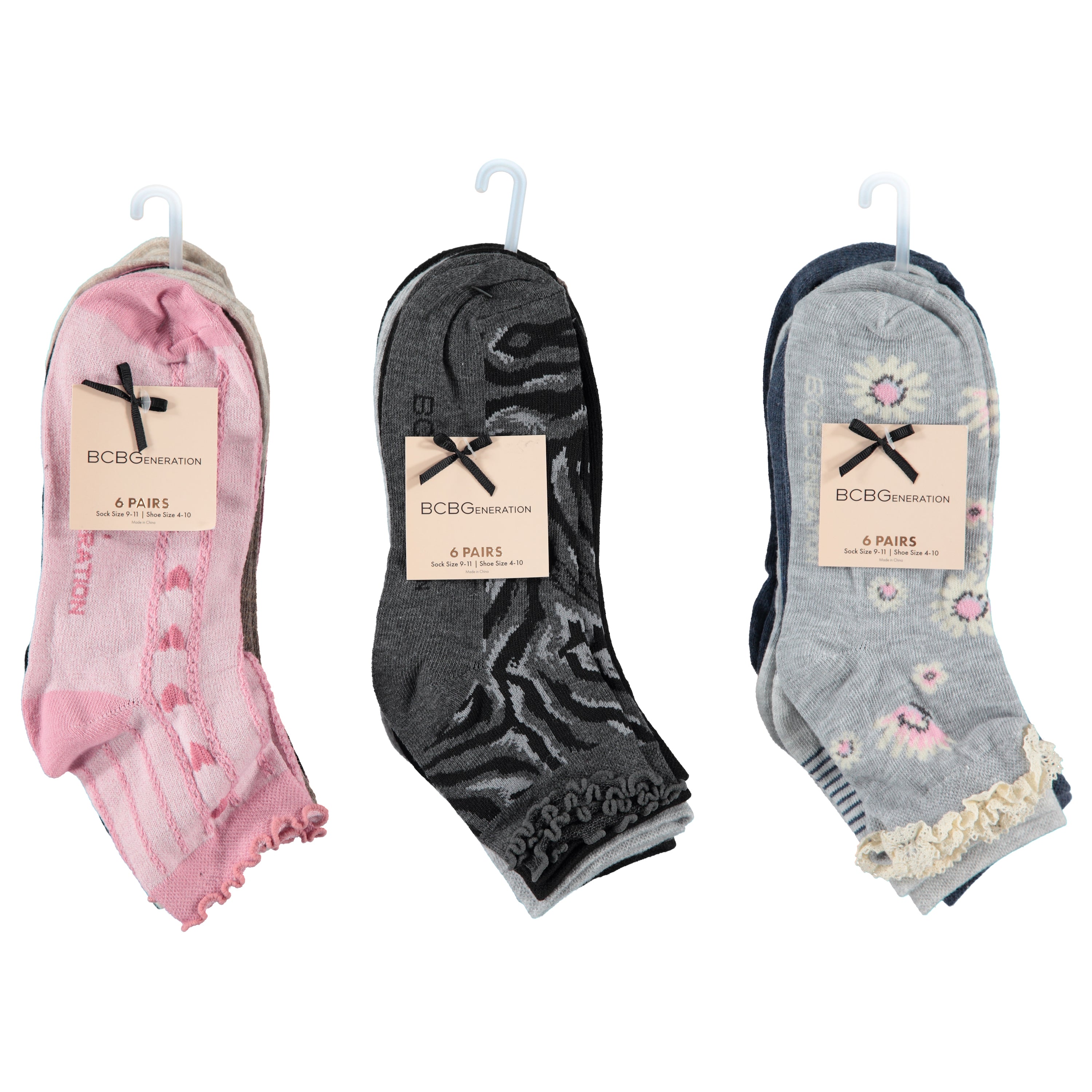 BCBG Ladies 6-Pack Quarter Socks with Ruffle Top, Assorted Colors and Designs (BCW9-6)