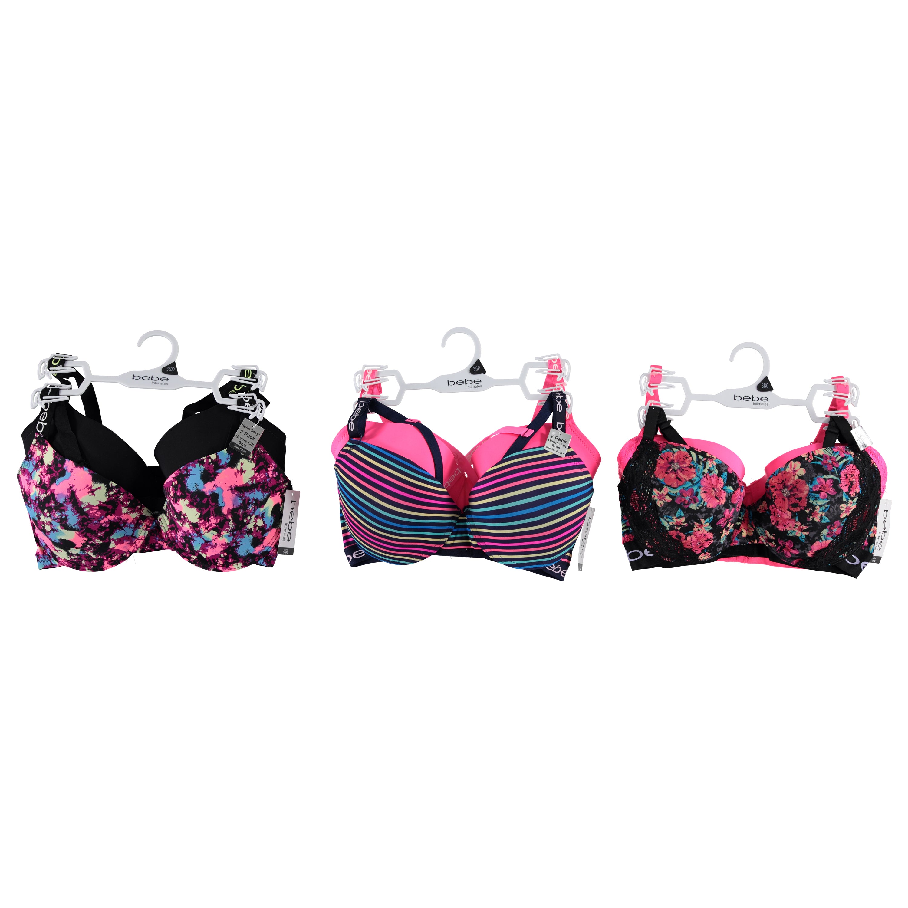 Bebe Womens 2 Pack Bra On Hanger - Assorted Colors & Sizes (BEBRA2)