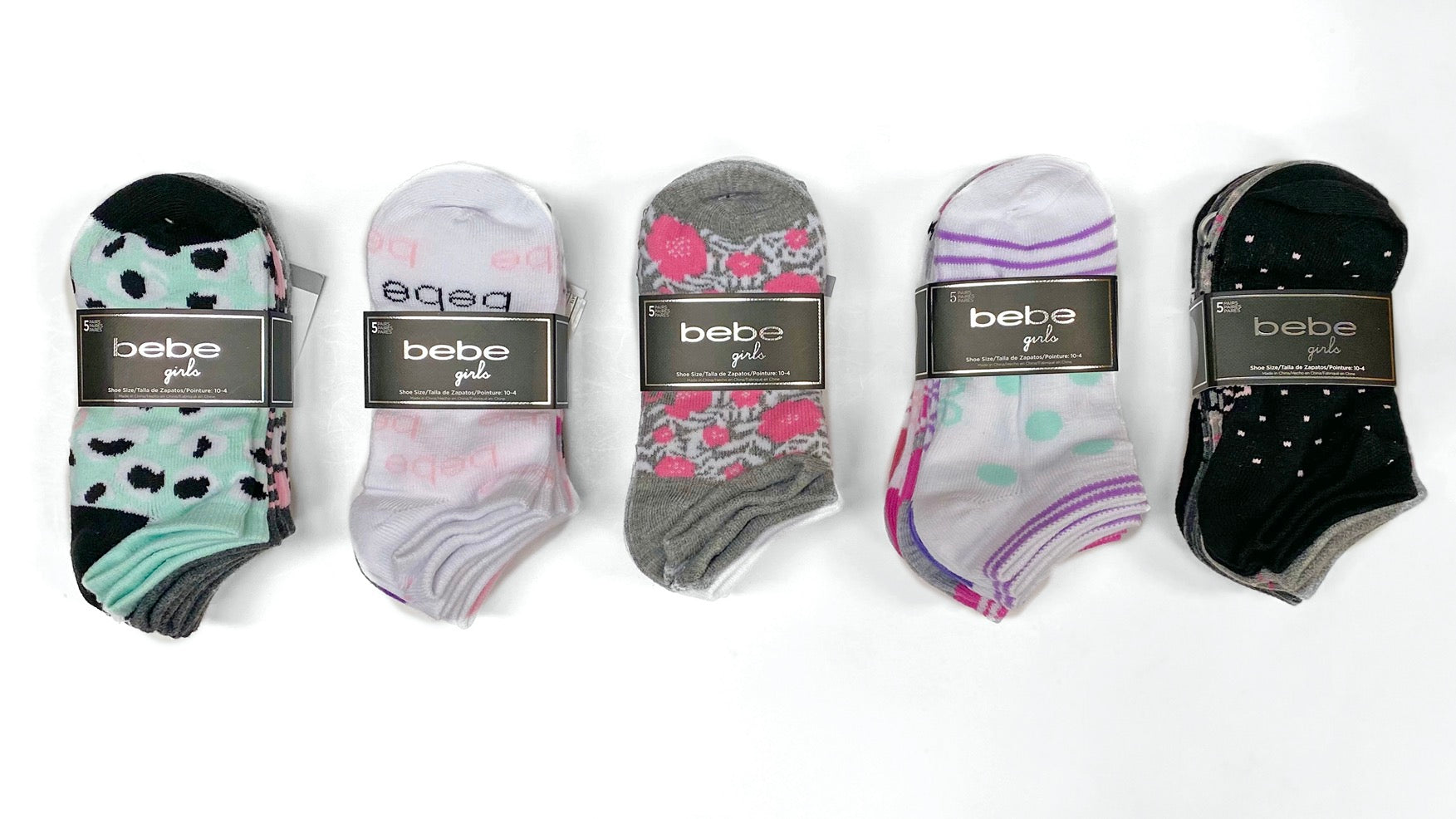 Bebe 5 Pack Girls No Show Socks - Assorted Colors to Case (BEGNS5)