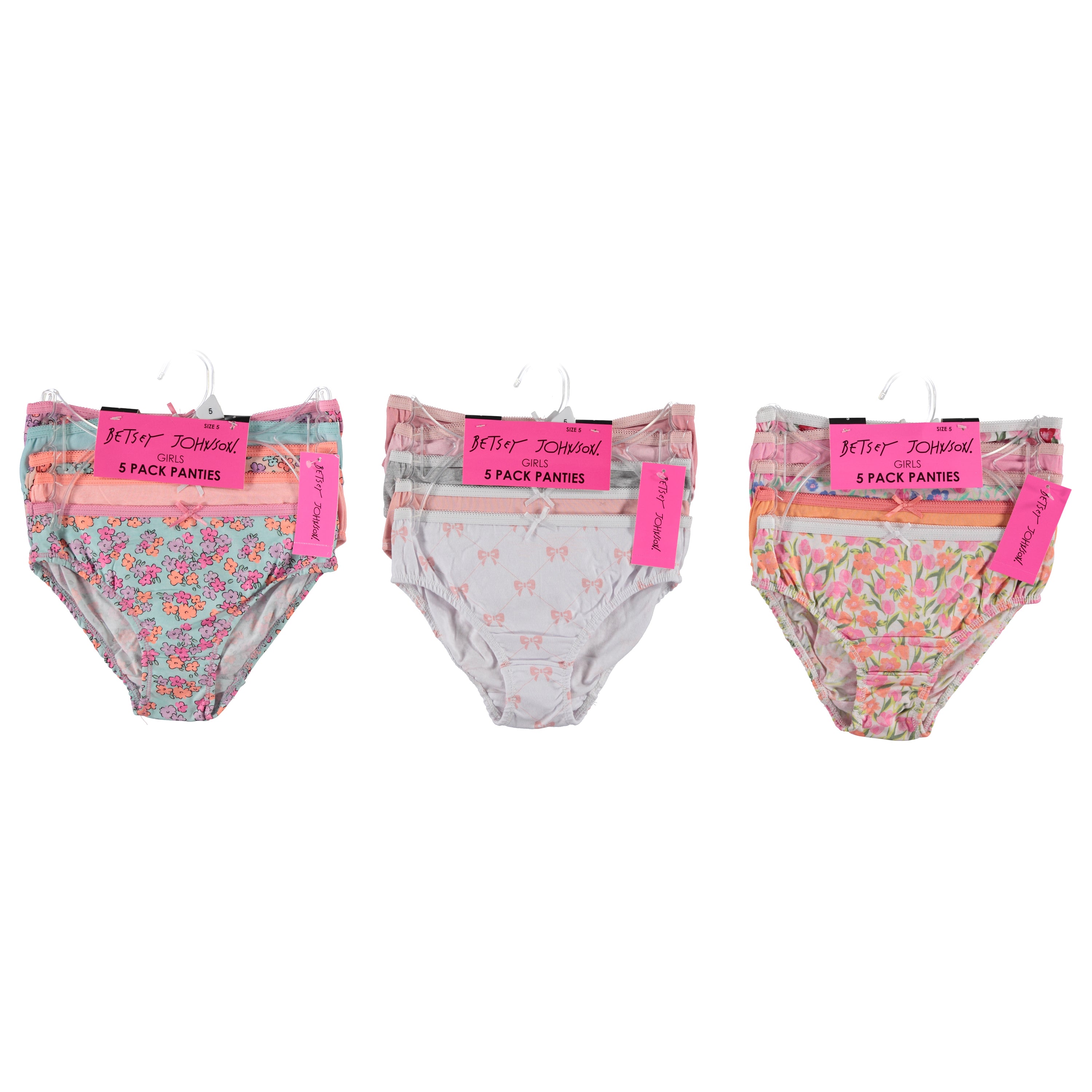 Betsey Johnson Girls 5 Pack Cotton Bikini On A Hanger - Assorted Colors & Sizes (BJGBK5)