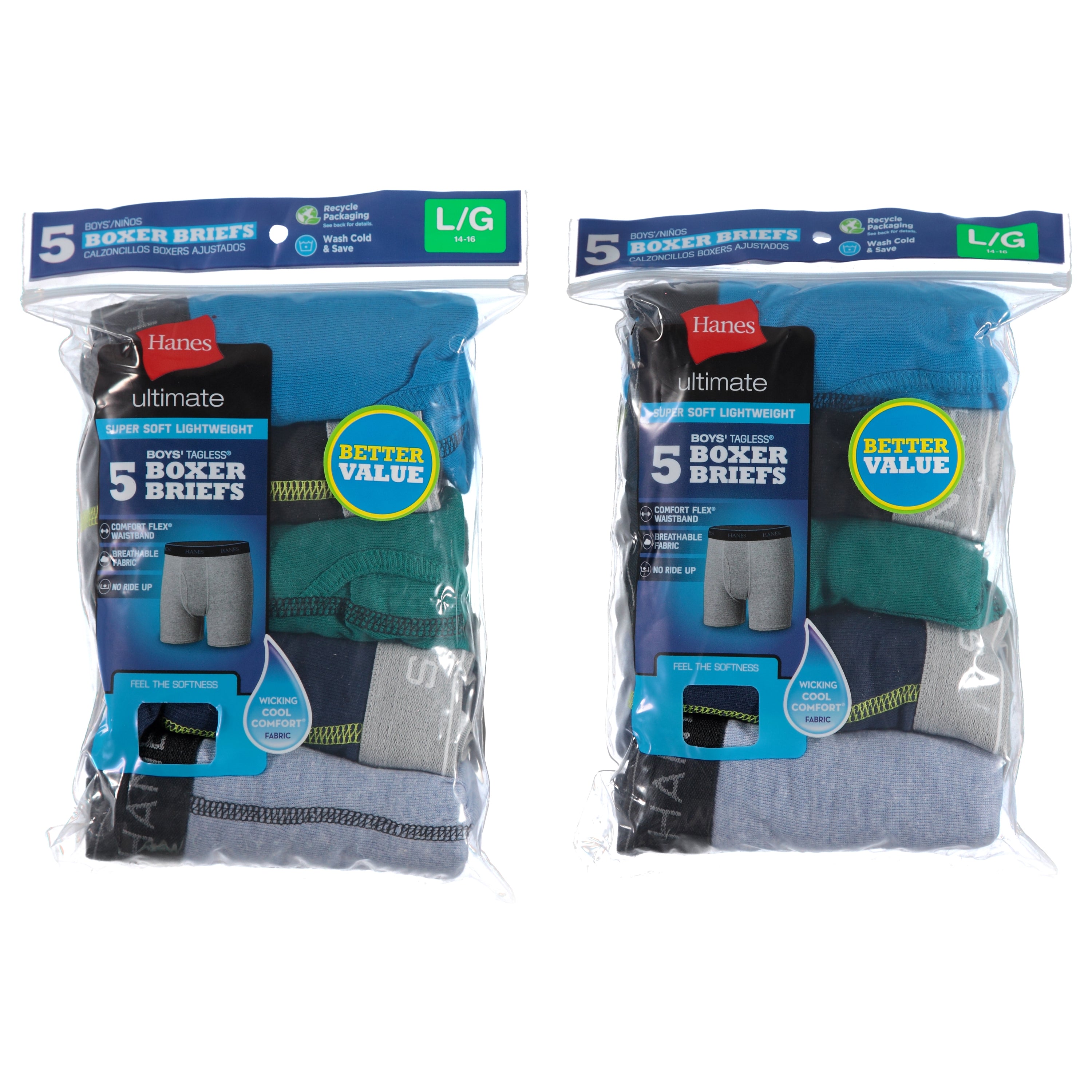 Hanes Boys 5 Pack Boxer Briefs - Assorted Sizes & Designs M-L (BUBFB5)