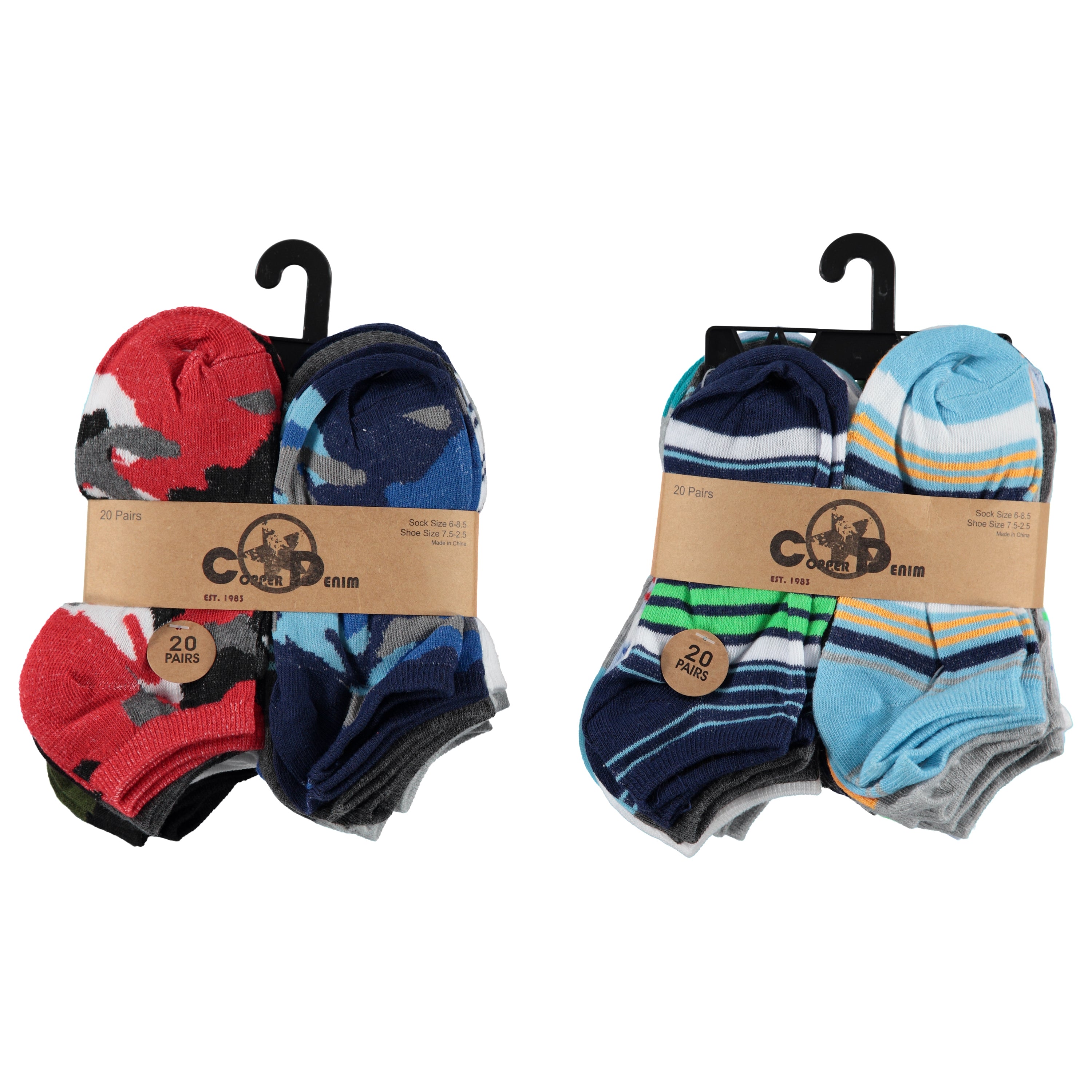 Copper Denim Boys 20-Pack Low-Cut Socks, Assorted Colors, Assorted Sizes 4-6.5 & 6-8.5 (CDB10-S)
