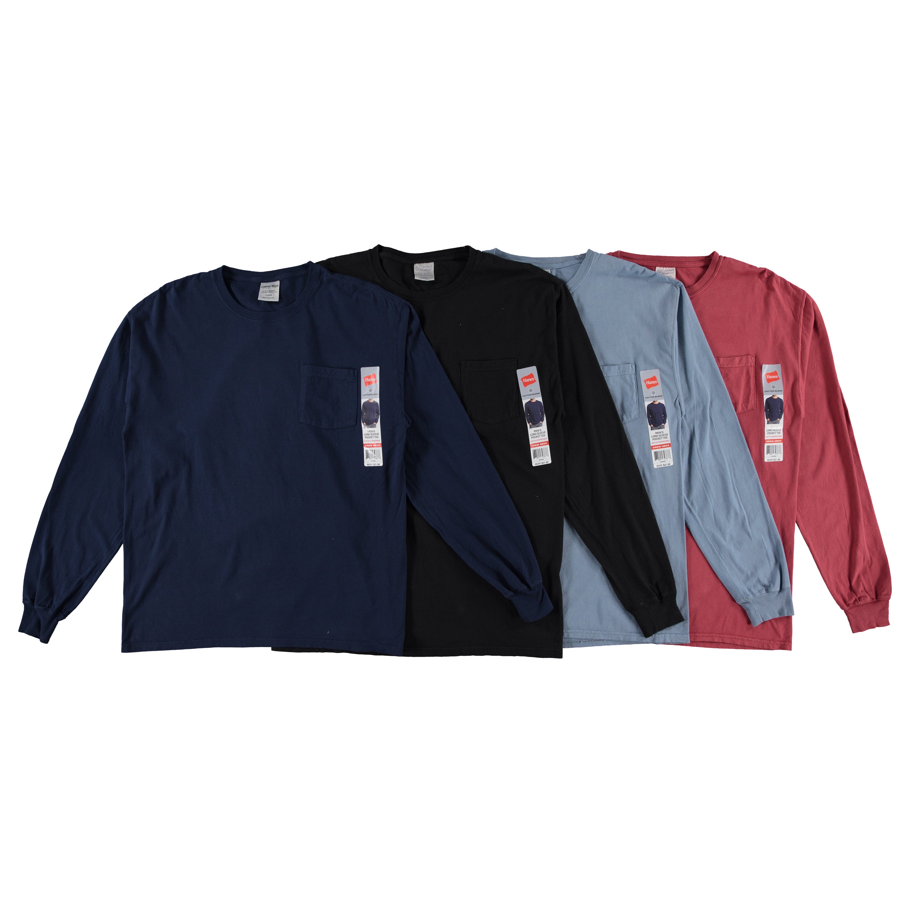 Hanes Mens Long Sleeve Crew Tee With Pocket - Assorted Colors & Sizes S-2XL (GDH250)
