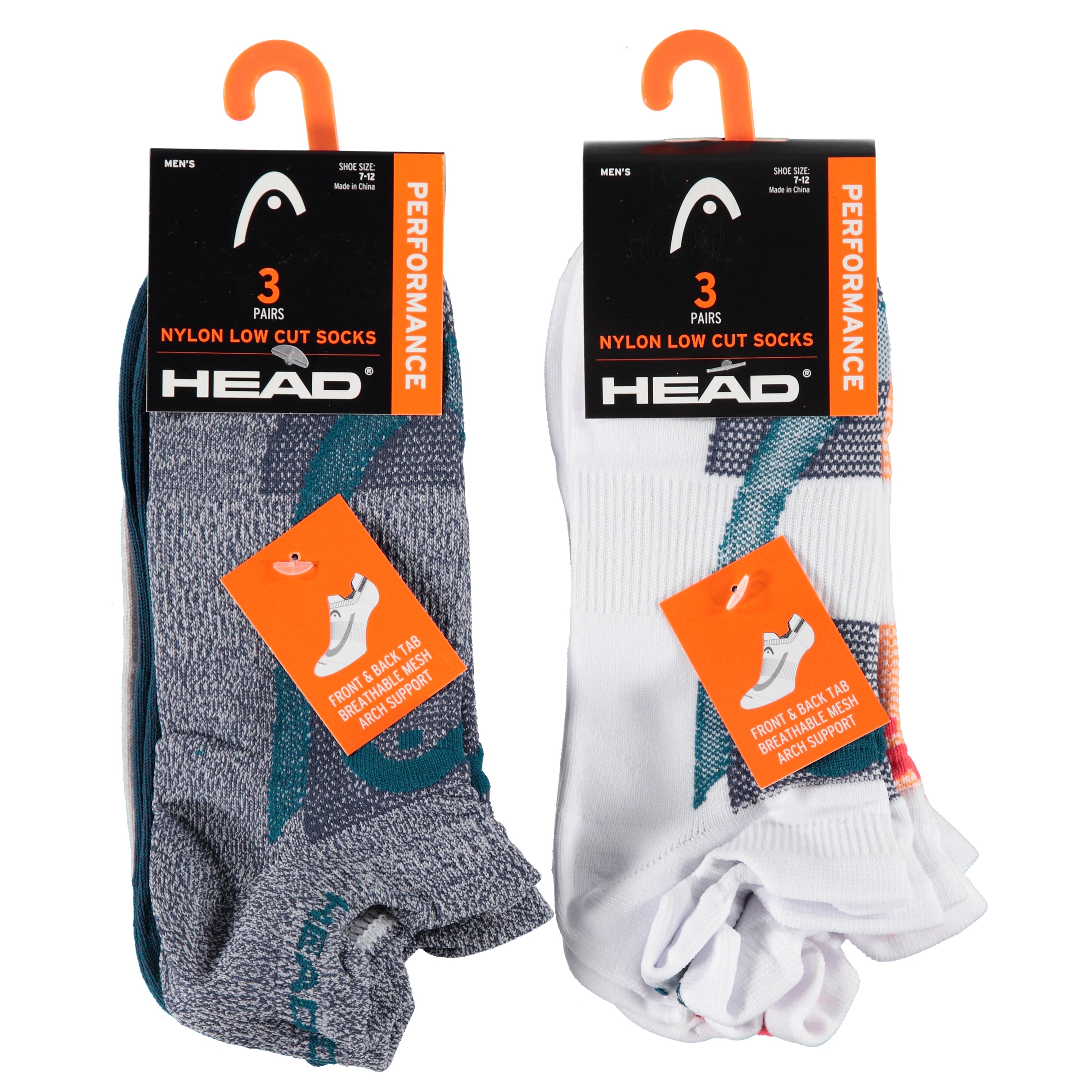 Head 3 Pack Mens Nylon No Show Shoe Sport Socks - Assorted Colors (HEMH021)