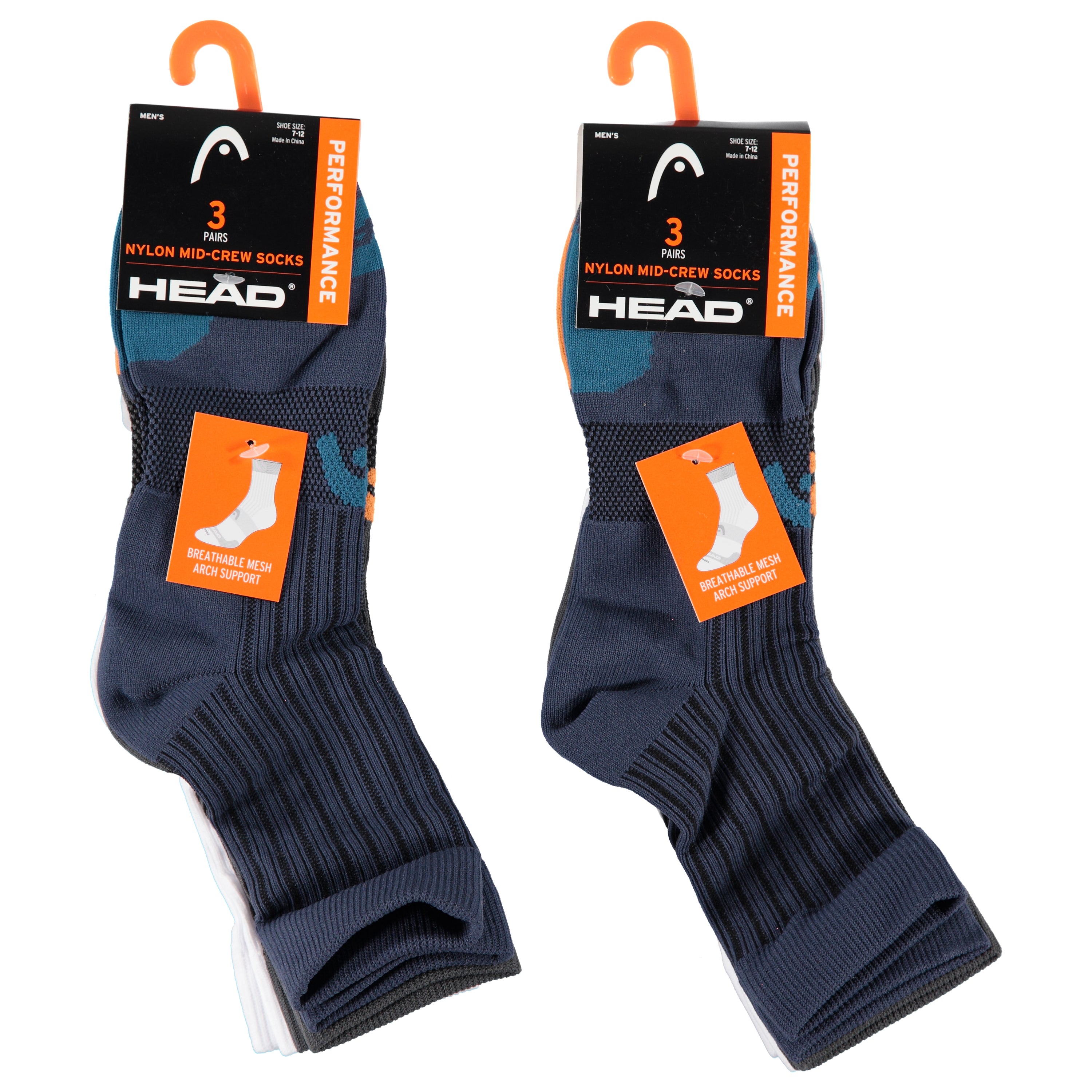 Head 3 Pack Mens Nylon Mid Crew Shoe Sport Socks - Assorted Colors (HEMH023)