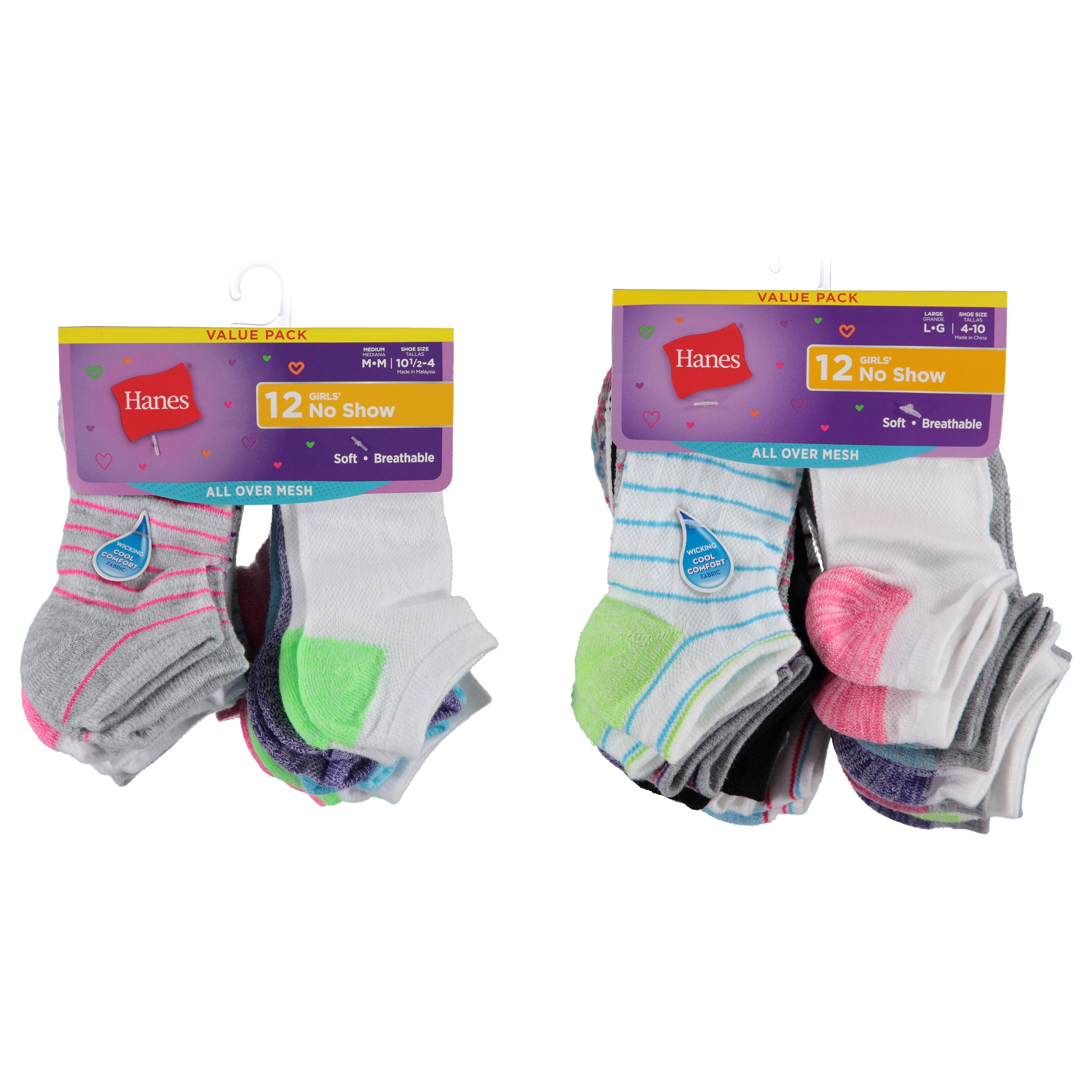 Hanes 12 Pack Girls No Show Cushion Socks - Assorted Colors & Sizes S-M-L To Case (HNGSS12)