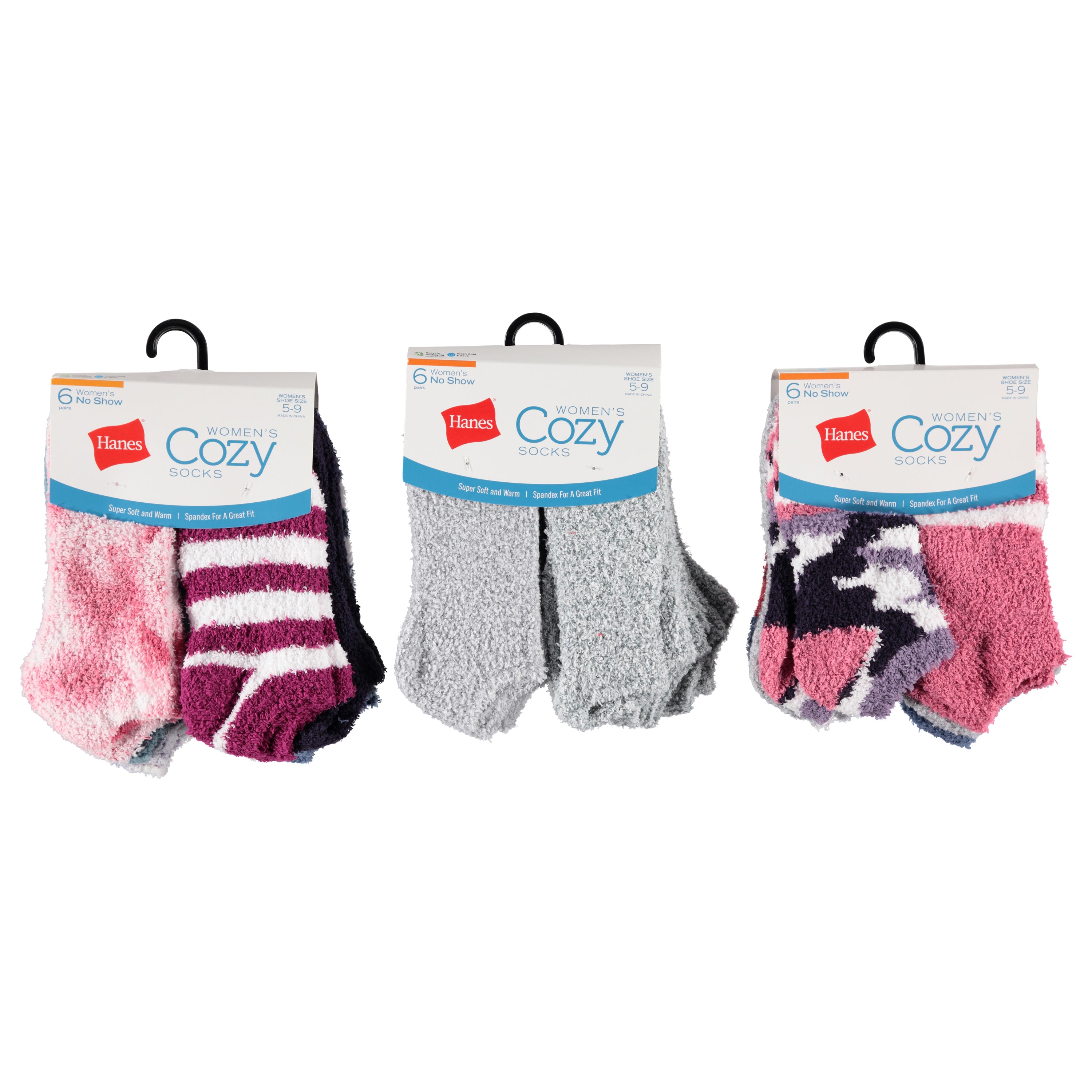 Hanes Ladies 6 Pack Cozy No Show Socks - Assorted Designs & Colors (HNLCZ6)