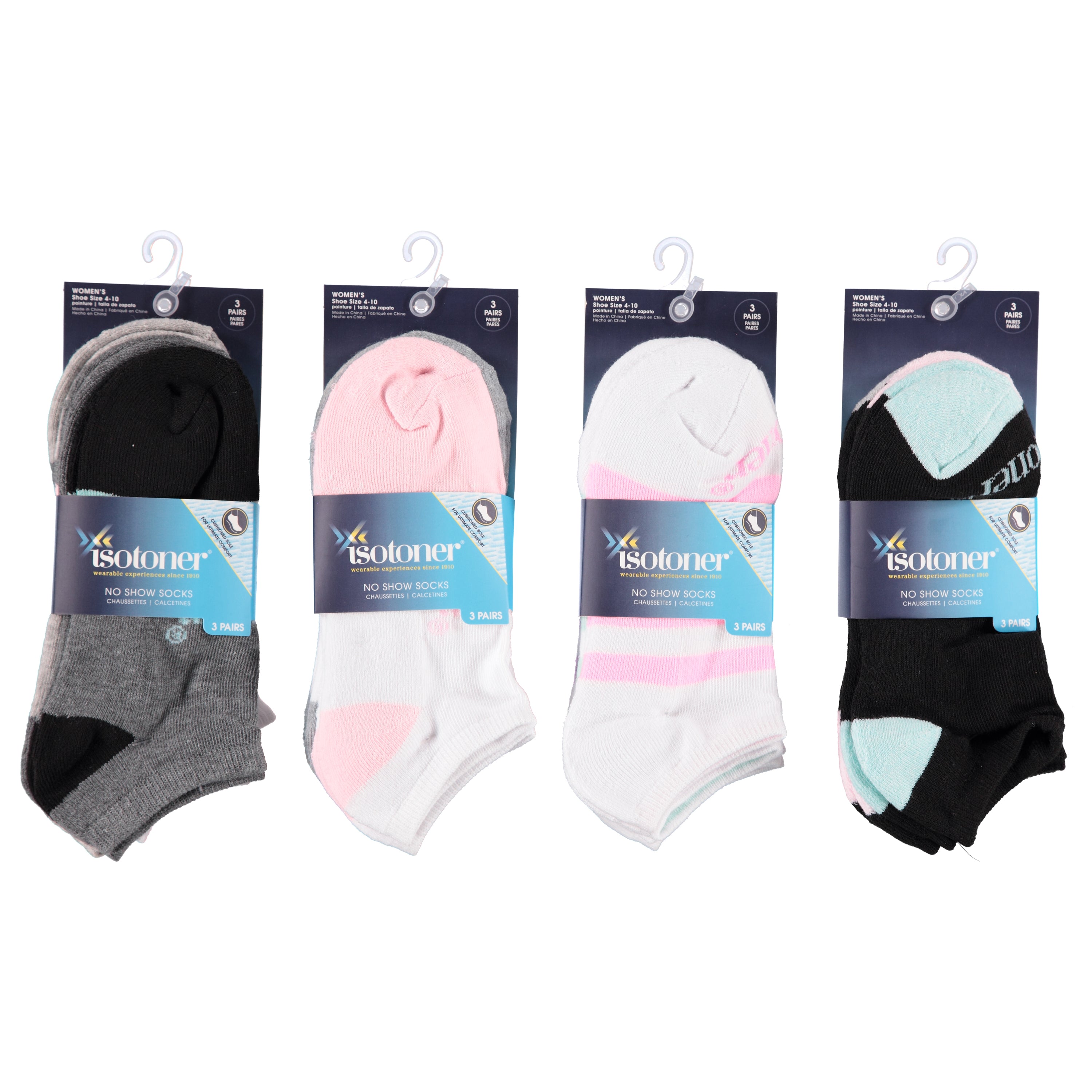 Isotoner Ladies 3-Pack Cushion No-Show Socks, Assorted Colors (ISLSS3)