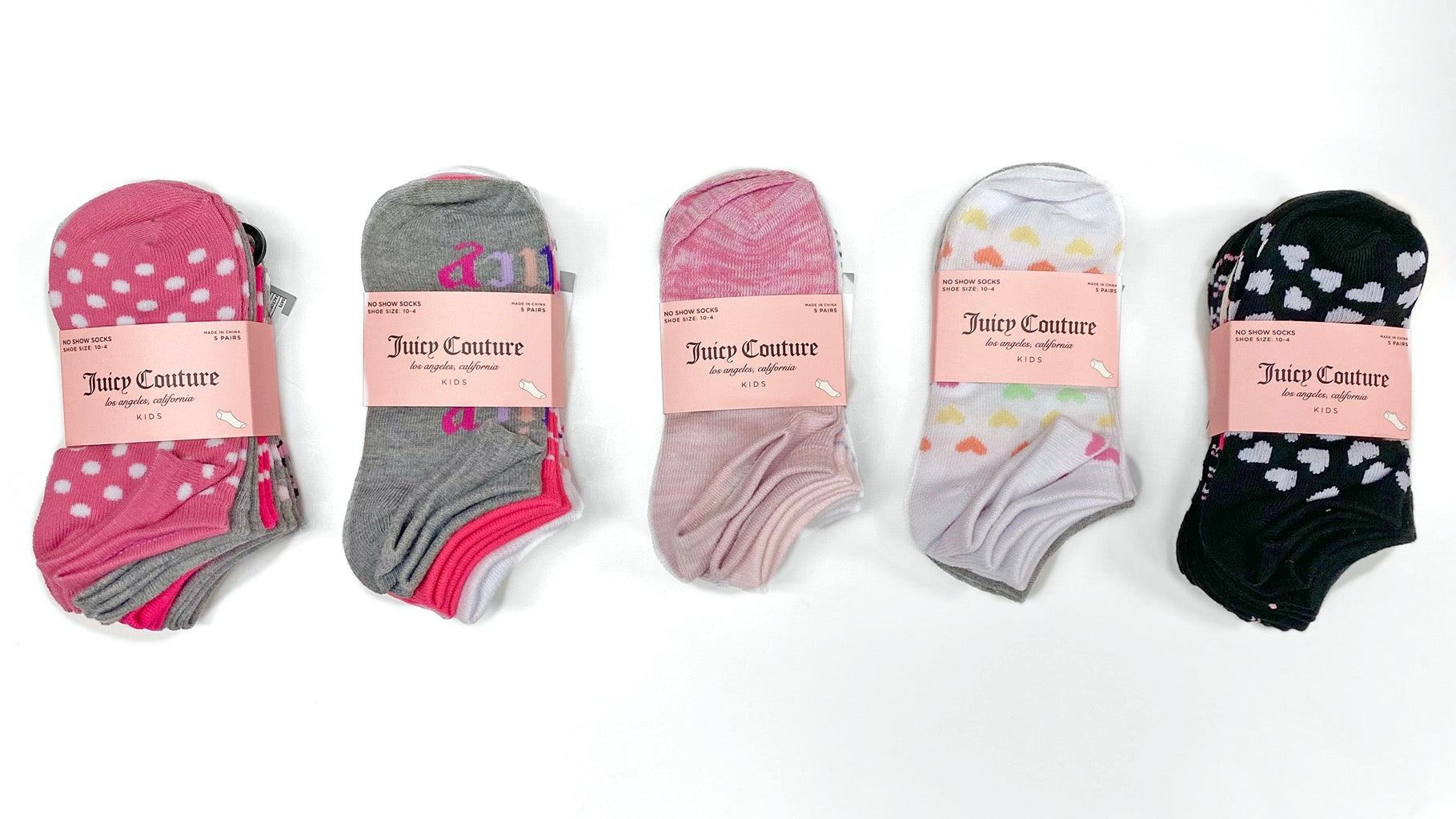 Juicy Couture 5 Pack Girls No Show Sock - Assorted Colors & Designs 6-8 to Case (JCGNS5)