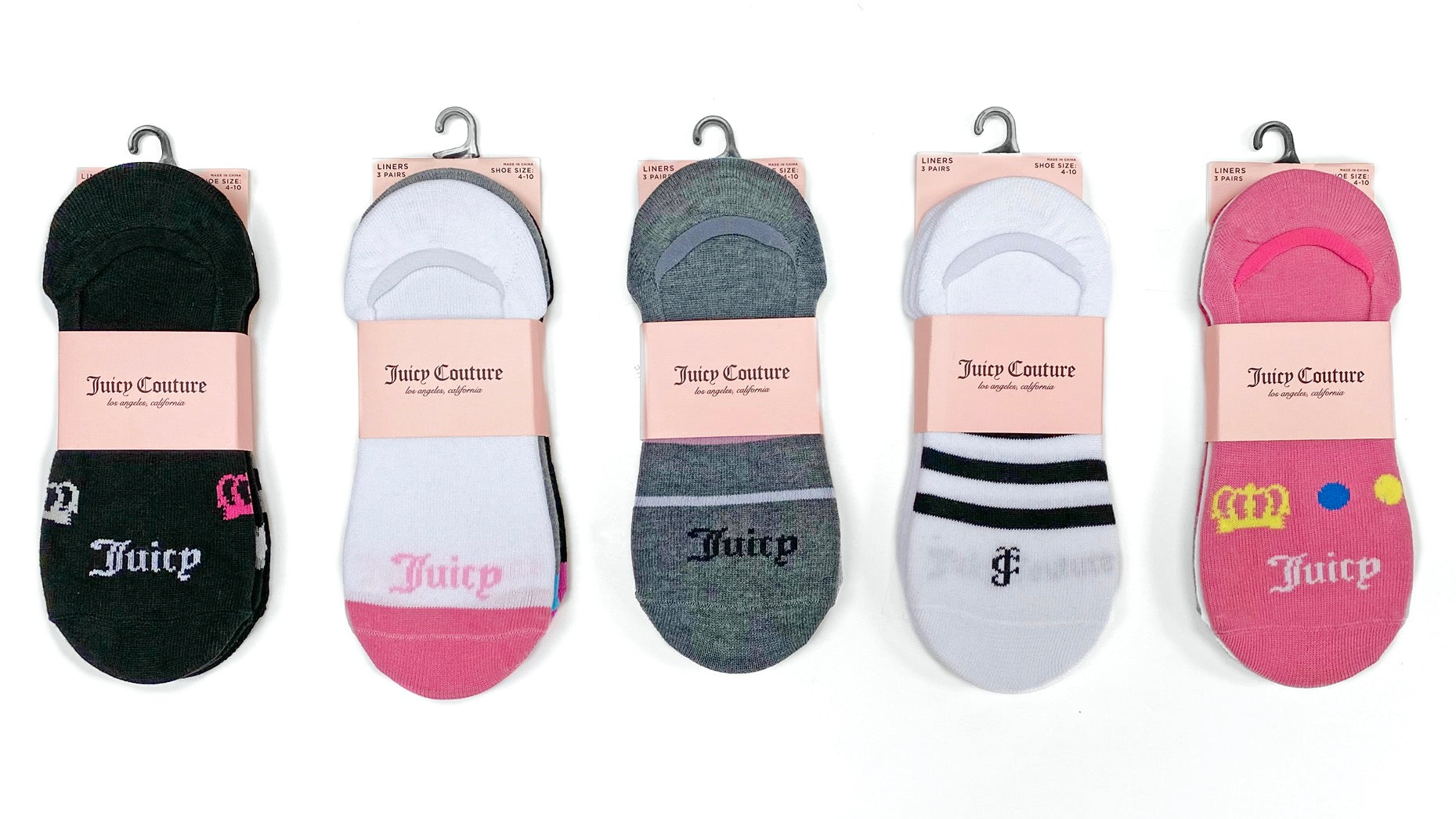 Juicy Couture 3-Pack No-Show Shoe Liners, Assorted Colors (JCLLN3)