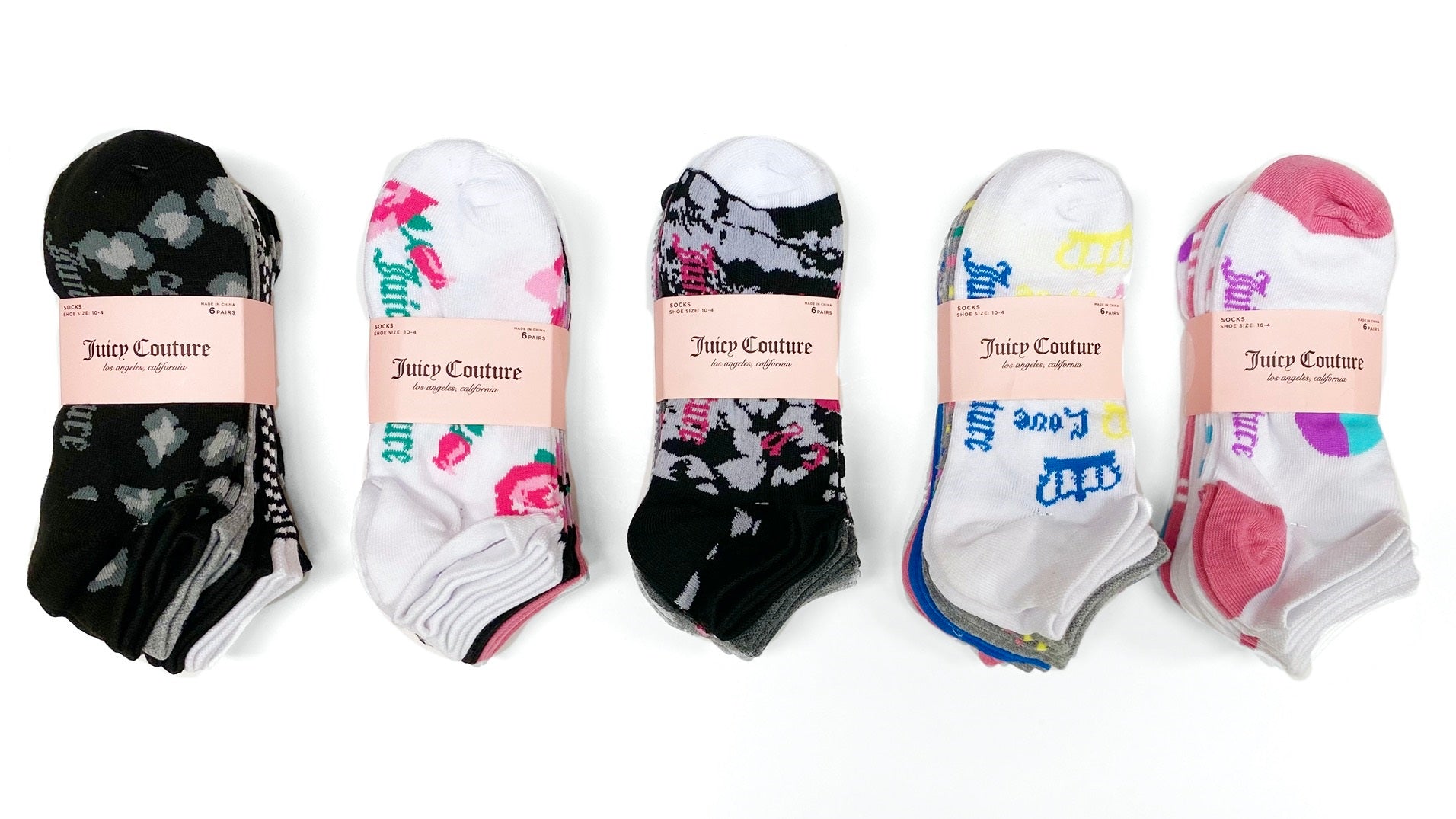 Juicy Couture 6-Pack No-Show Socks, Assorted Colors and Designs (JCLNS6)