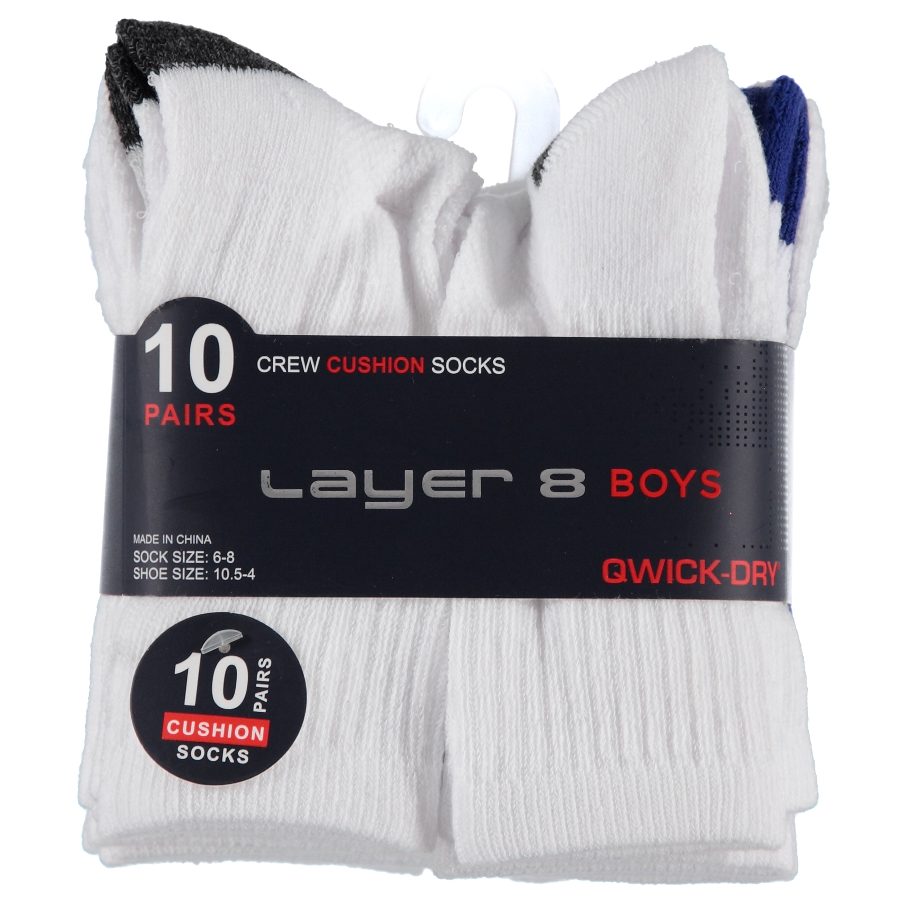 Layer 8 Boys 10 Pack Crew Cushion Sock - Sizes 6-8 (L8BC6-10)