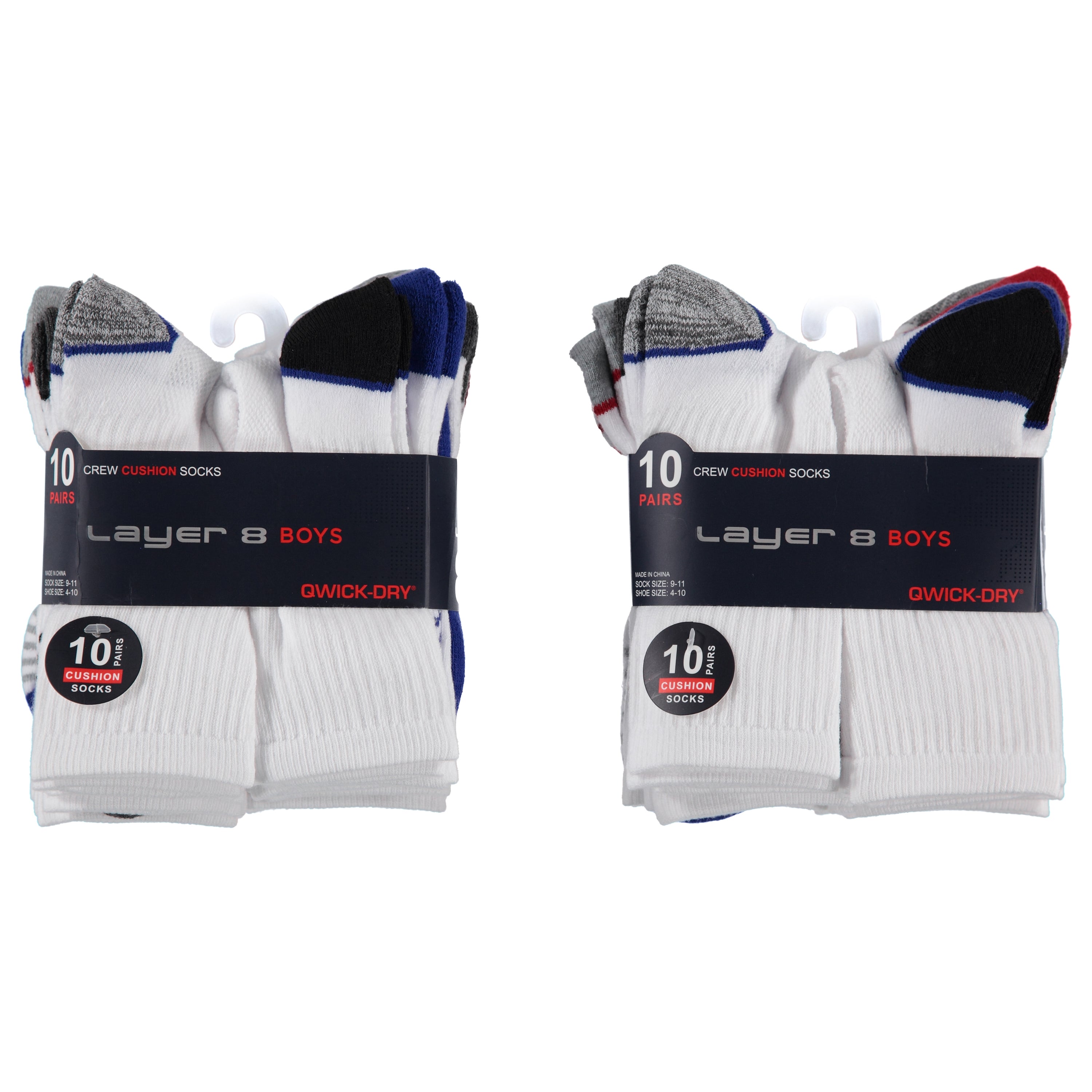 Layer 8 Boys 10 Pack Crew Cushion Sock - Sizes 9-11 (L8BCR9-10)