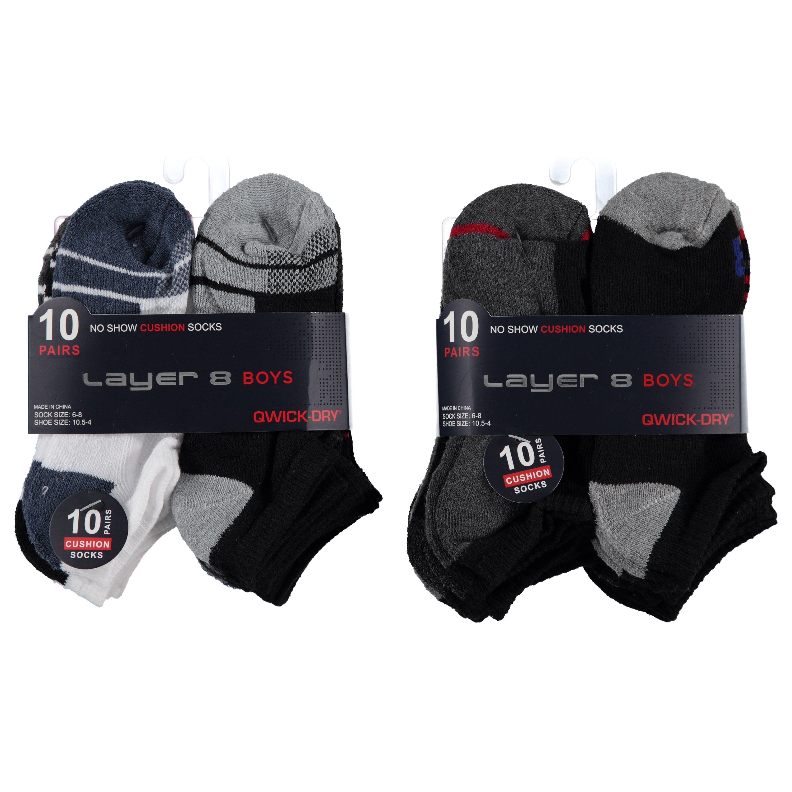 Layer 8 Boys 10 Pack No Show Cushion Sock - Sizes 6-8 (L8BNS6-10)