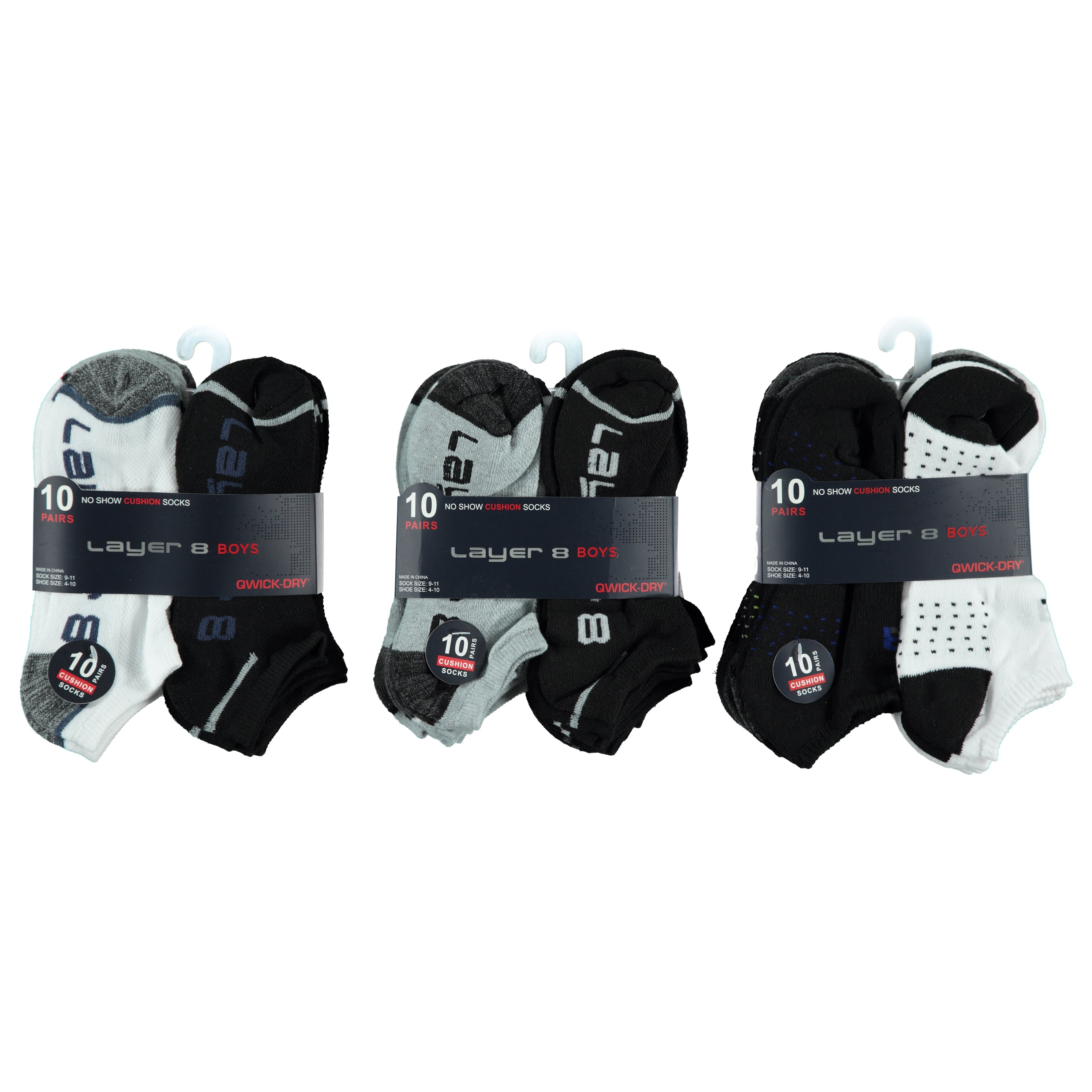 Layer 8 Boys 10 Pack No Show Cushion Sock - Sizes 9-11 (L8BNS9-10)