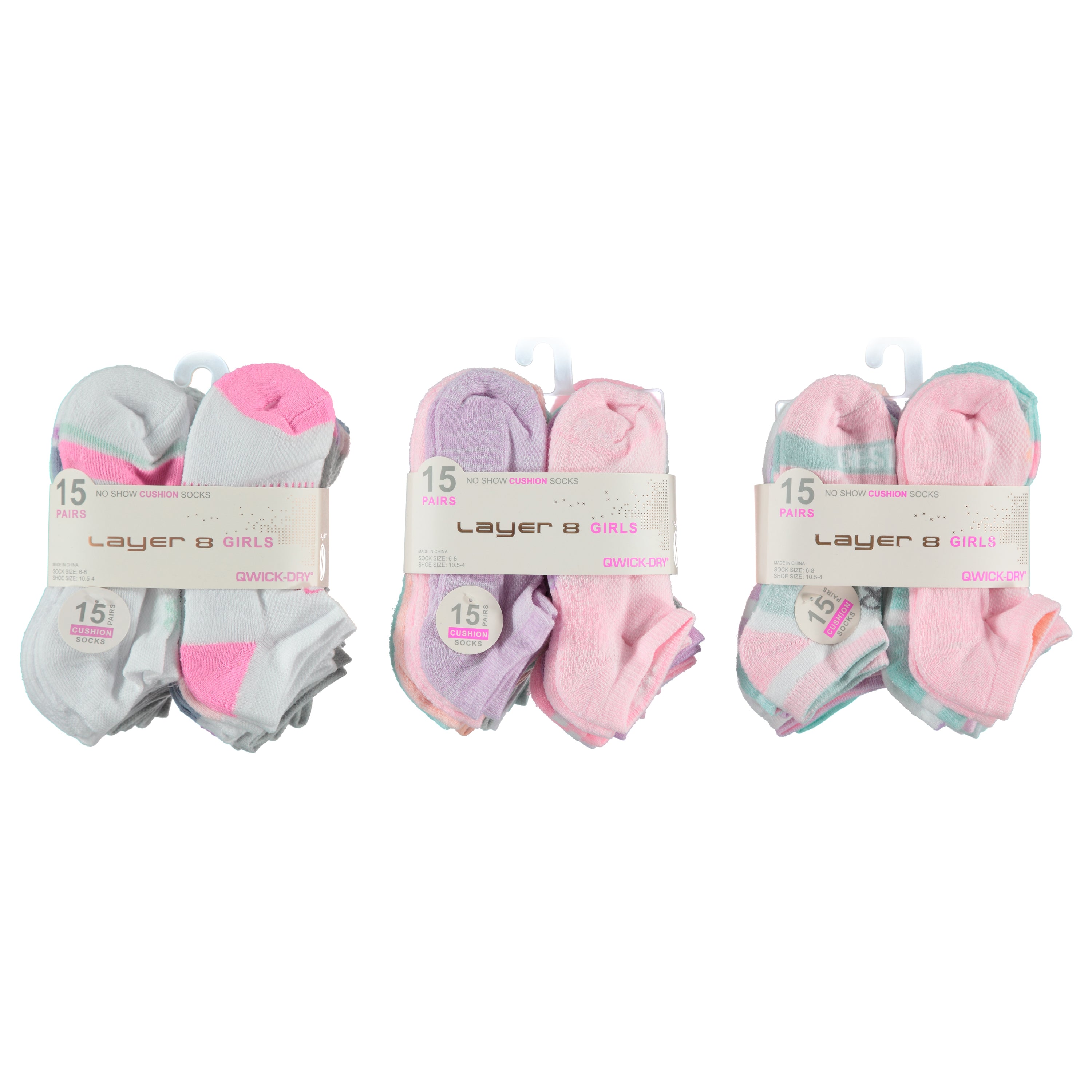 Layer 8 Girls 15 Pack No Show Cushion Sock - Sizes 6-8 (L8GNS6-15)