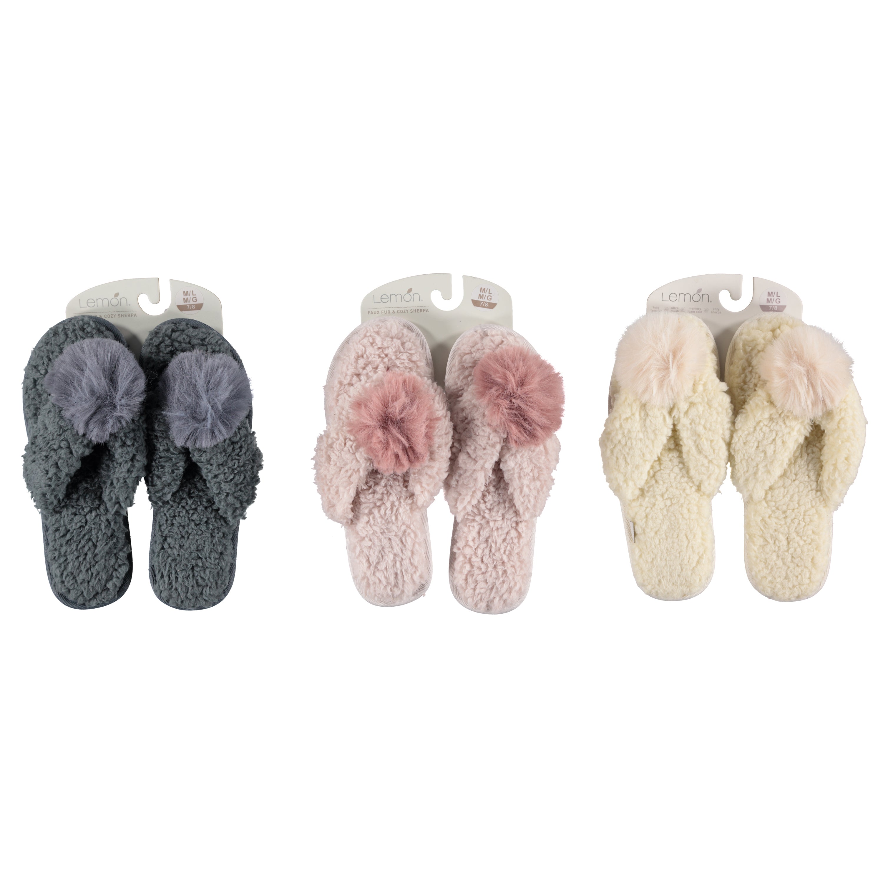 Lemon Women Teddy Bedroom Flip Flop Slippers With Pom - On Header Card (L9104)
