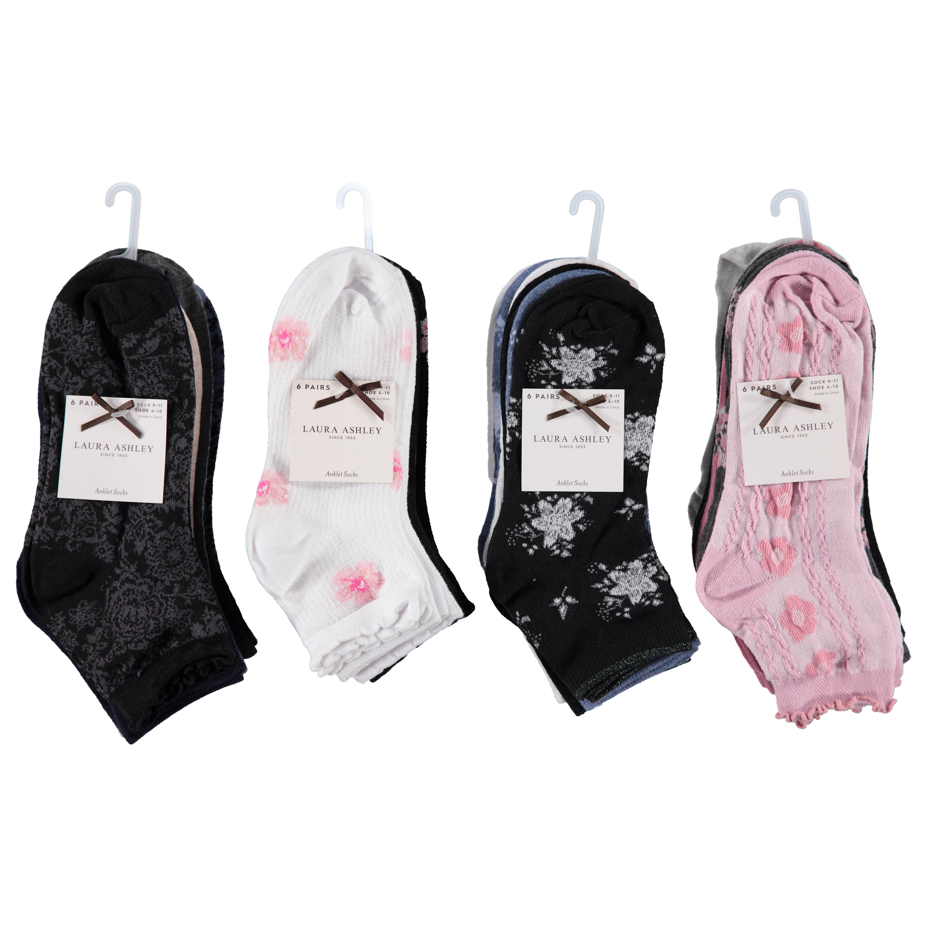 Laura Ashley Ladies Design 6 Pack Quarter Sock With Ruffle Top - Assorted Colors & Sizes 9-11 (LAW9-6)