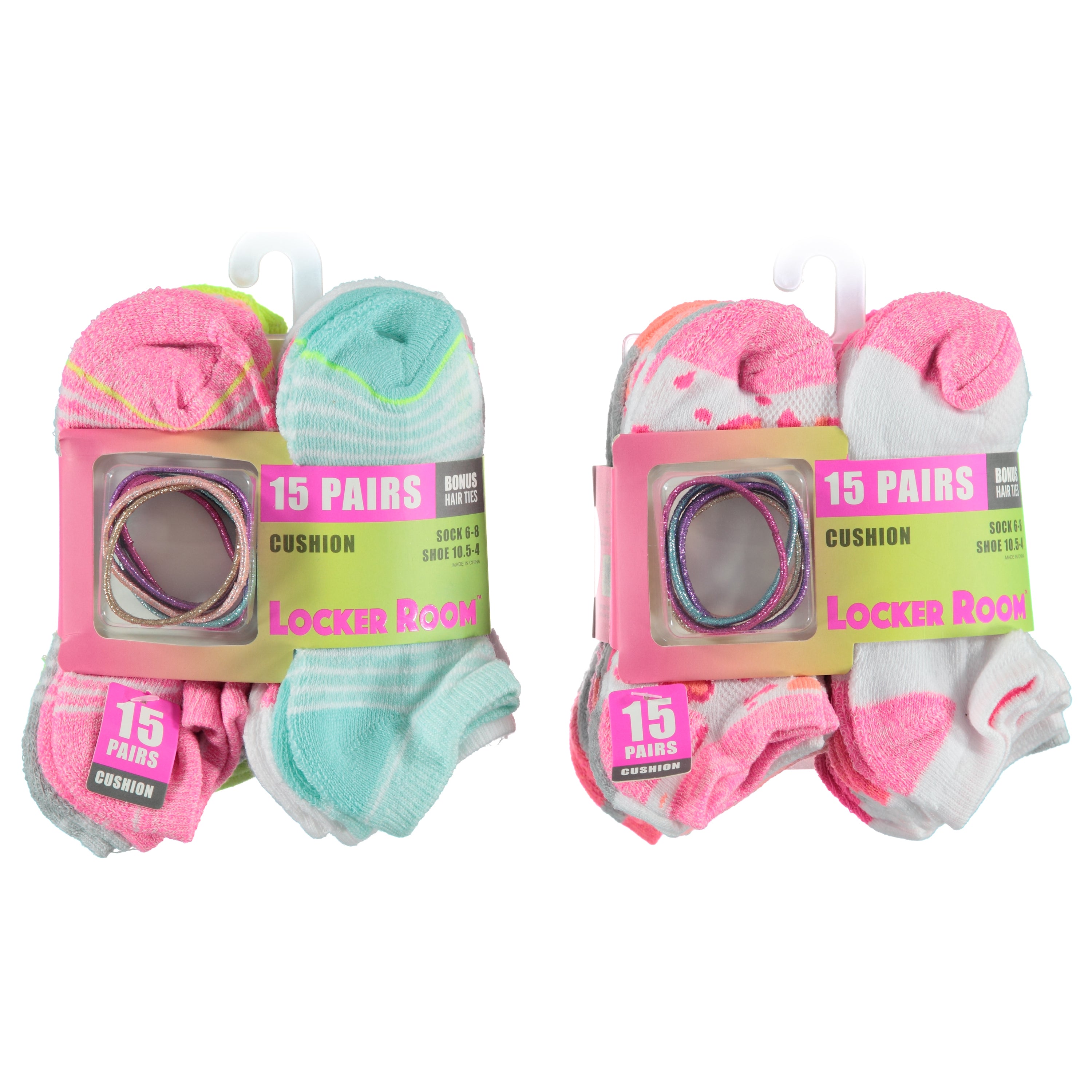 Locker Room Girls 15 Pack No Show Cushion Sock 6-8 - Assorted Styles & Colors (LRGNS6-15)