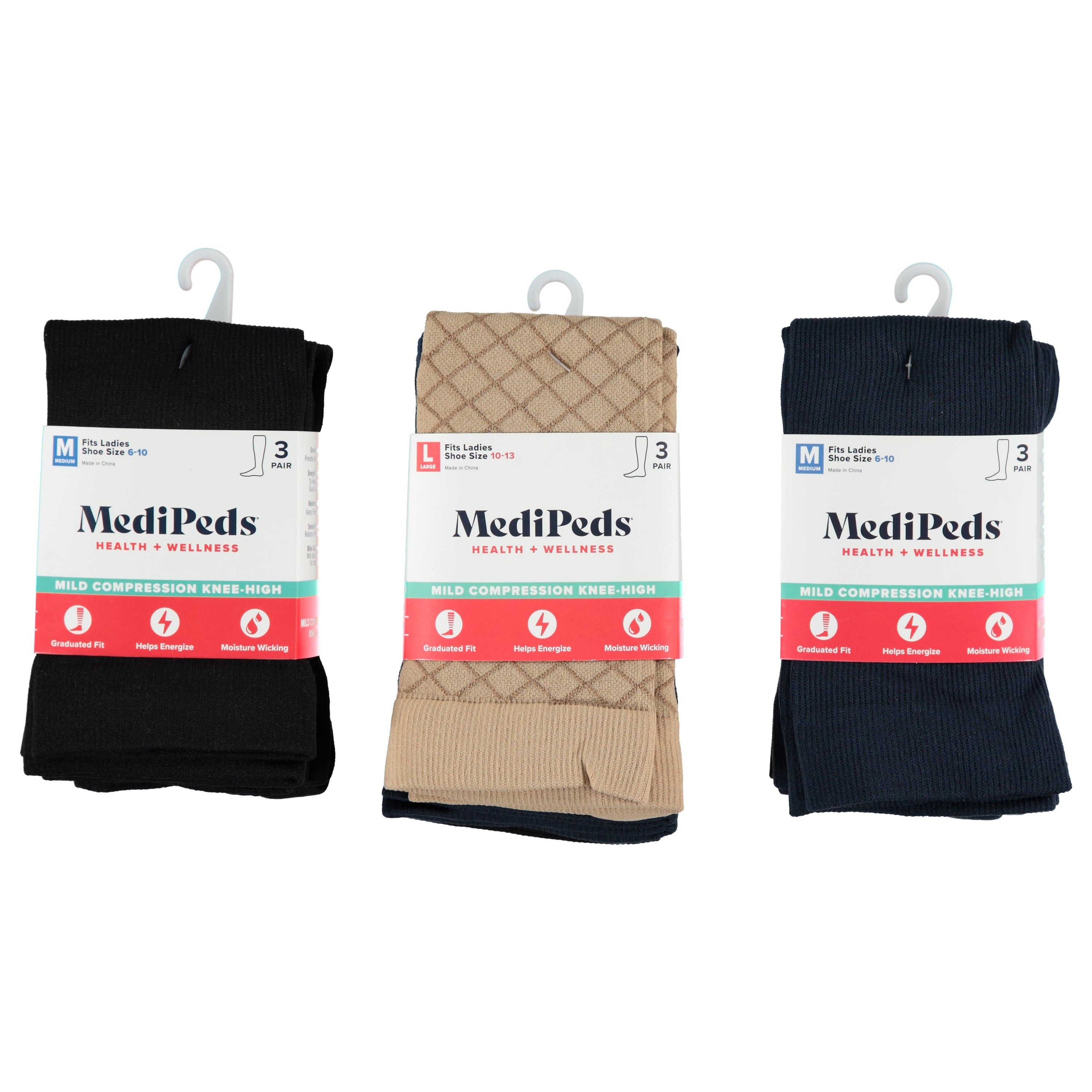 Medipeds 3 Pack Compression High Sock 1st Quality - Assorted Colors 9-11 (MPCP3)