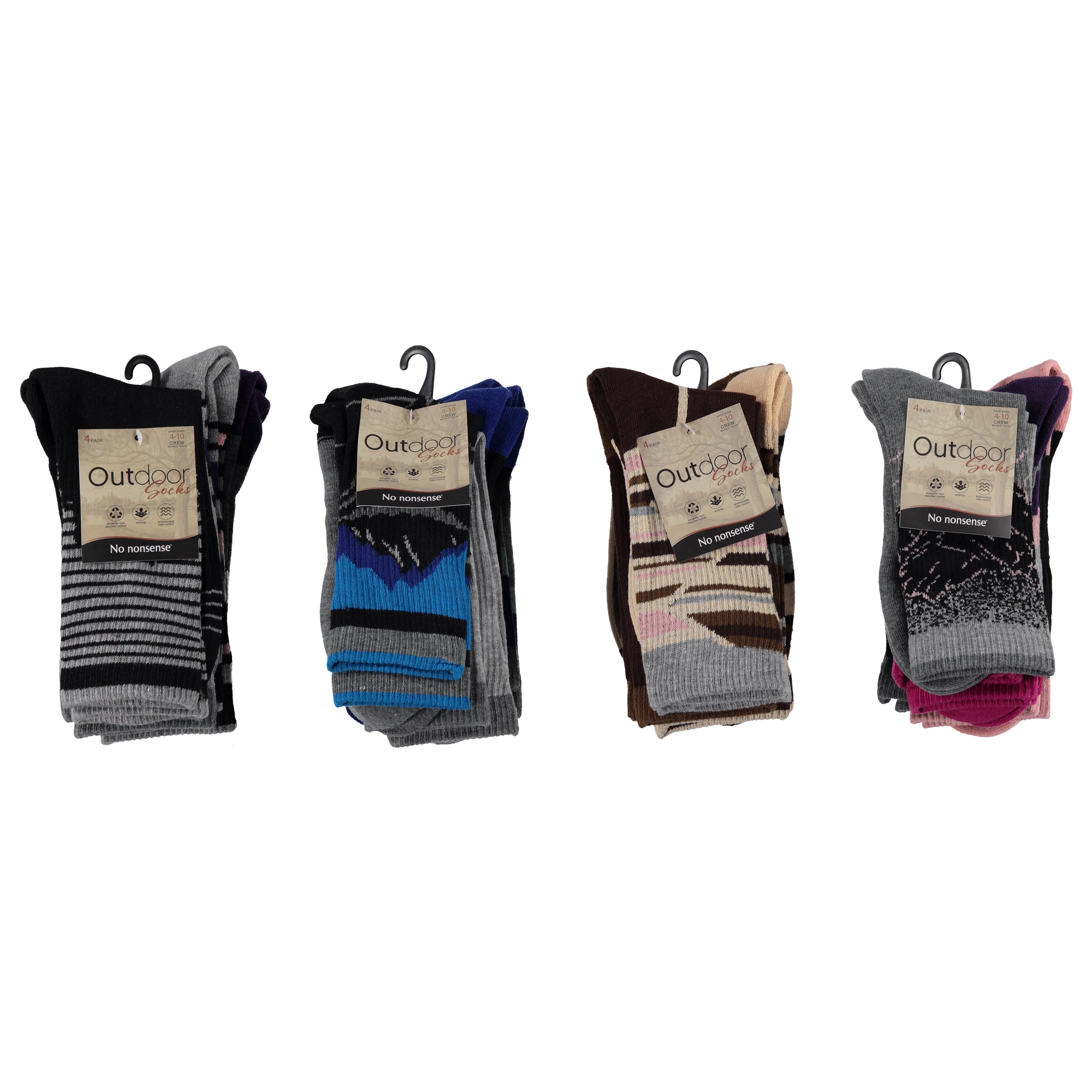 No Nonsense 4 Pack Outdoor Crew Socks - Assorted Colors & Sizes (NNLCR4)