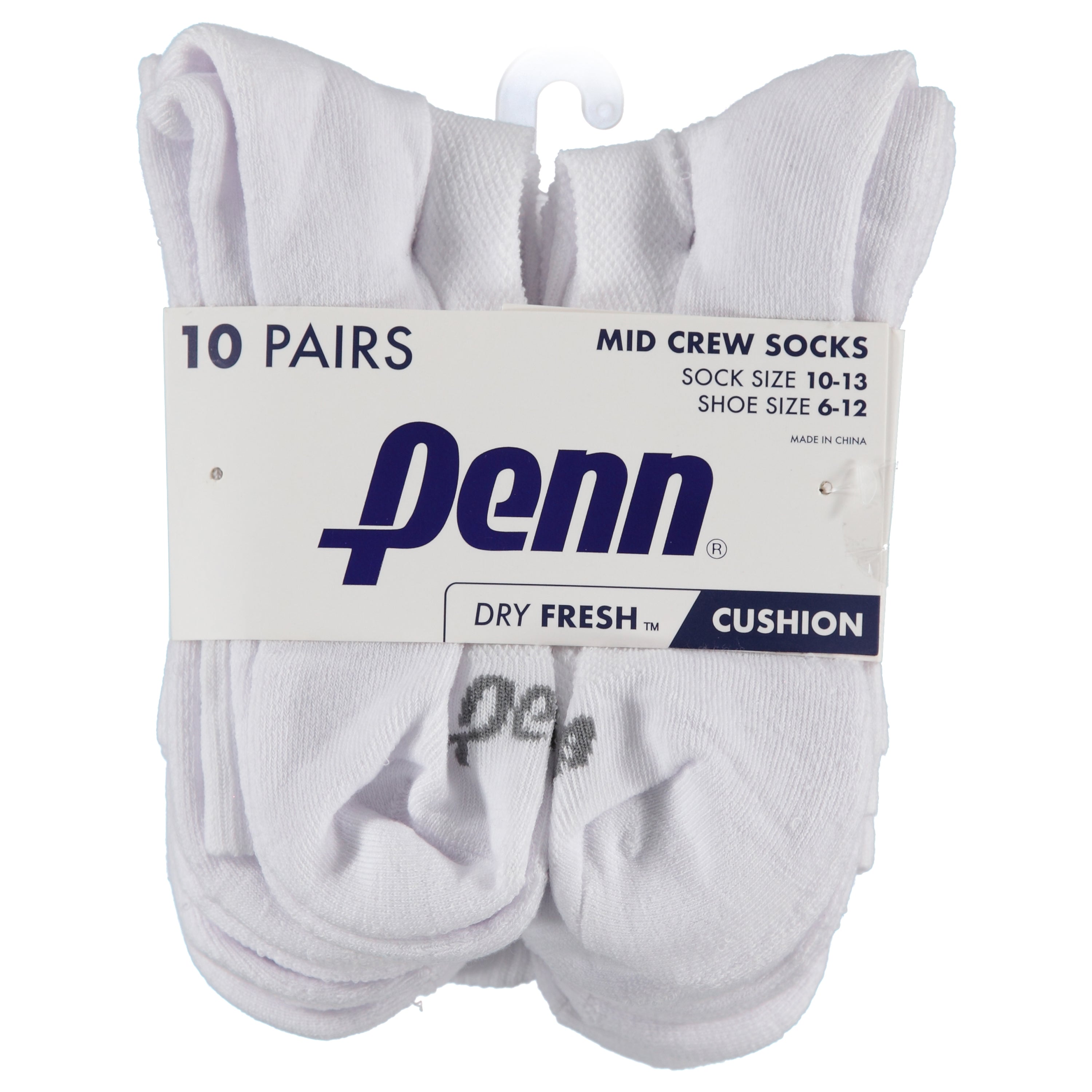 Penn Mens 10 Pack White Cushion Mid-Crew Socks (PEM328-W)