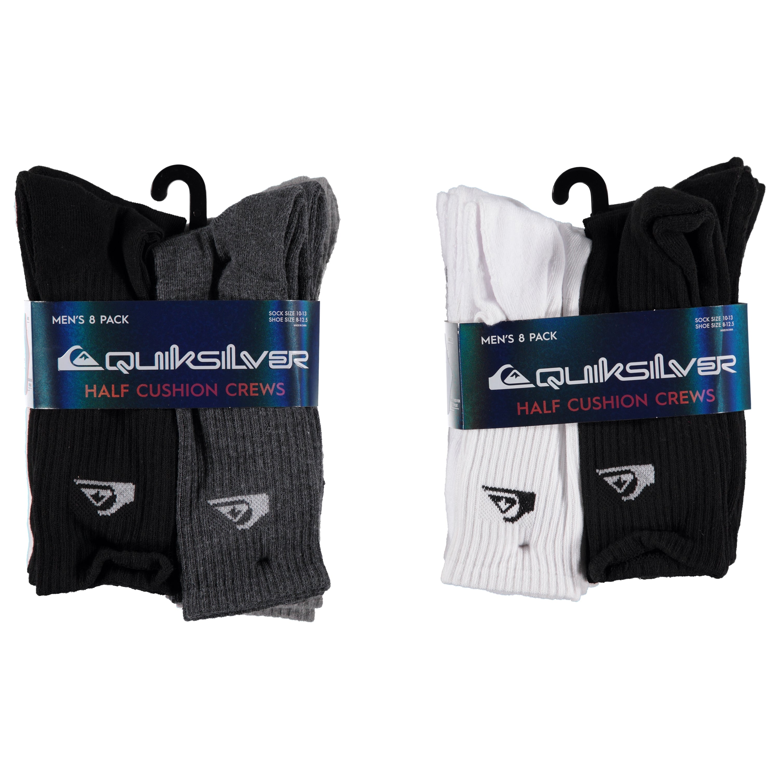 Quicksilver 8 Pack Mens Crew Cushion Socks - Assorted Styles & Colors 10-13 (QSMCR8)