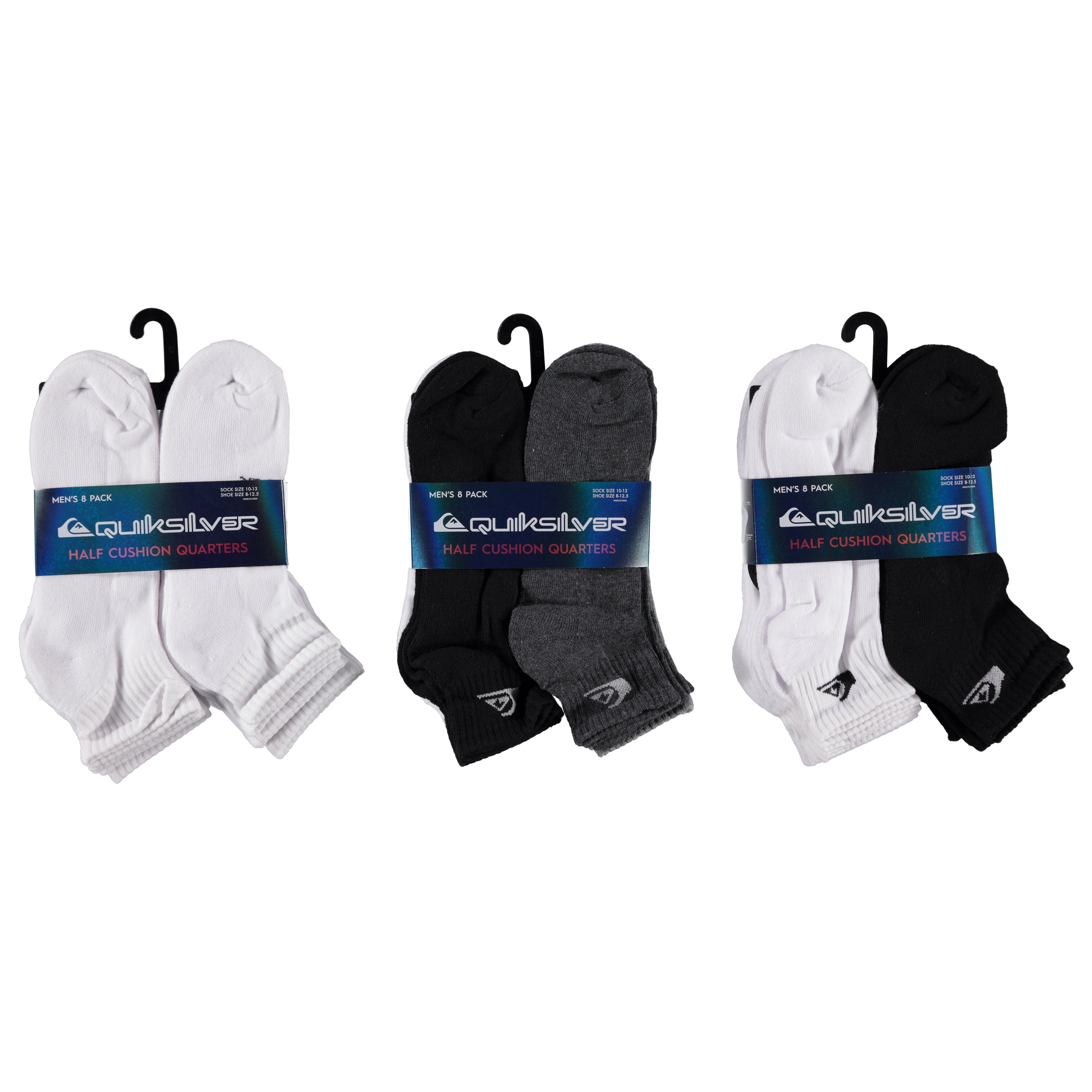 Quicksilver 8 Pack Mens Quarter Cushion Socks - Assorted Styles & Colors 10-13 (QSMQ8)