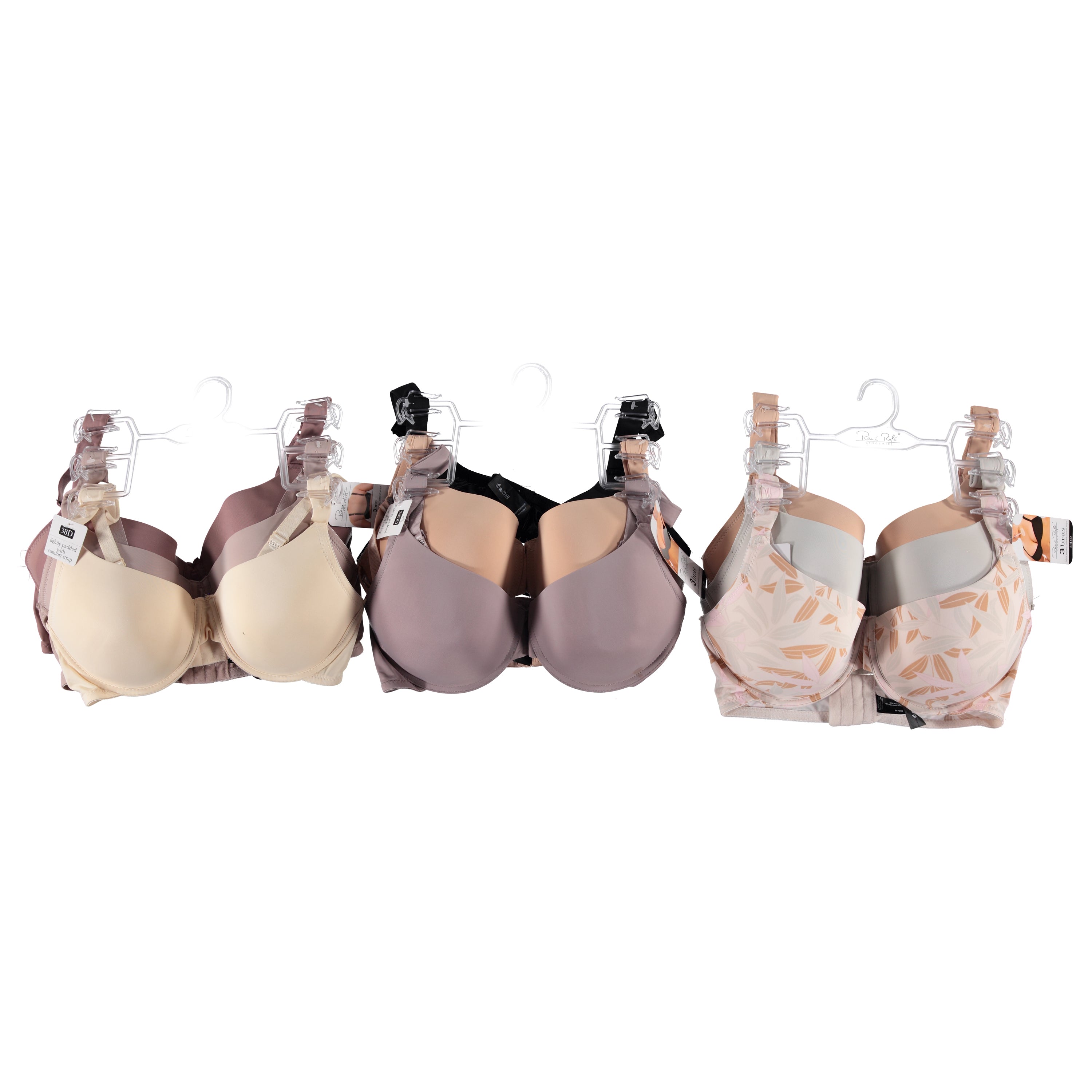 Rene Rofe Women 3 Pack Smooth Bras On Hanger - Assorted Styles & Patterns (RRBRA3)