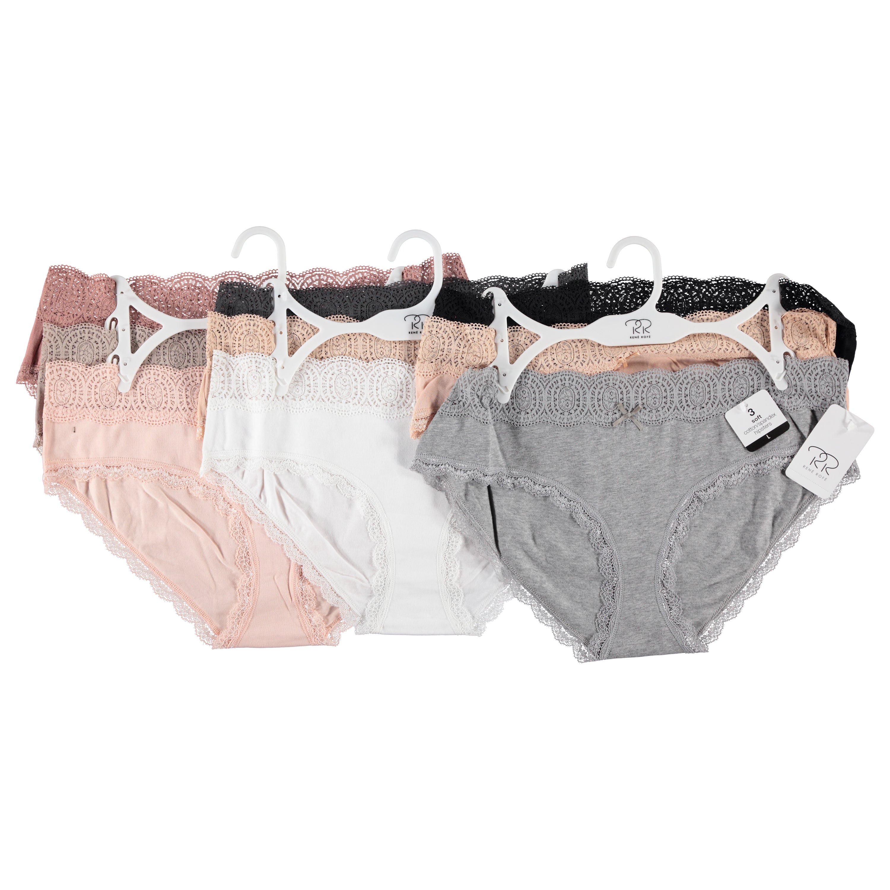 Rene Rofe Women 3 Pack Cotton Lace Top Hipster - Assorted Styles & Colors (RRHPLA3)