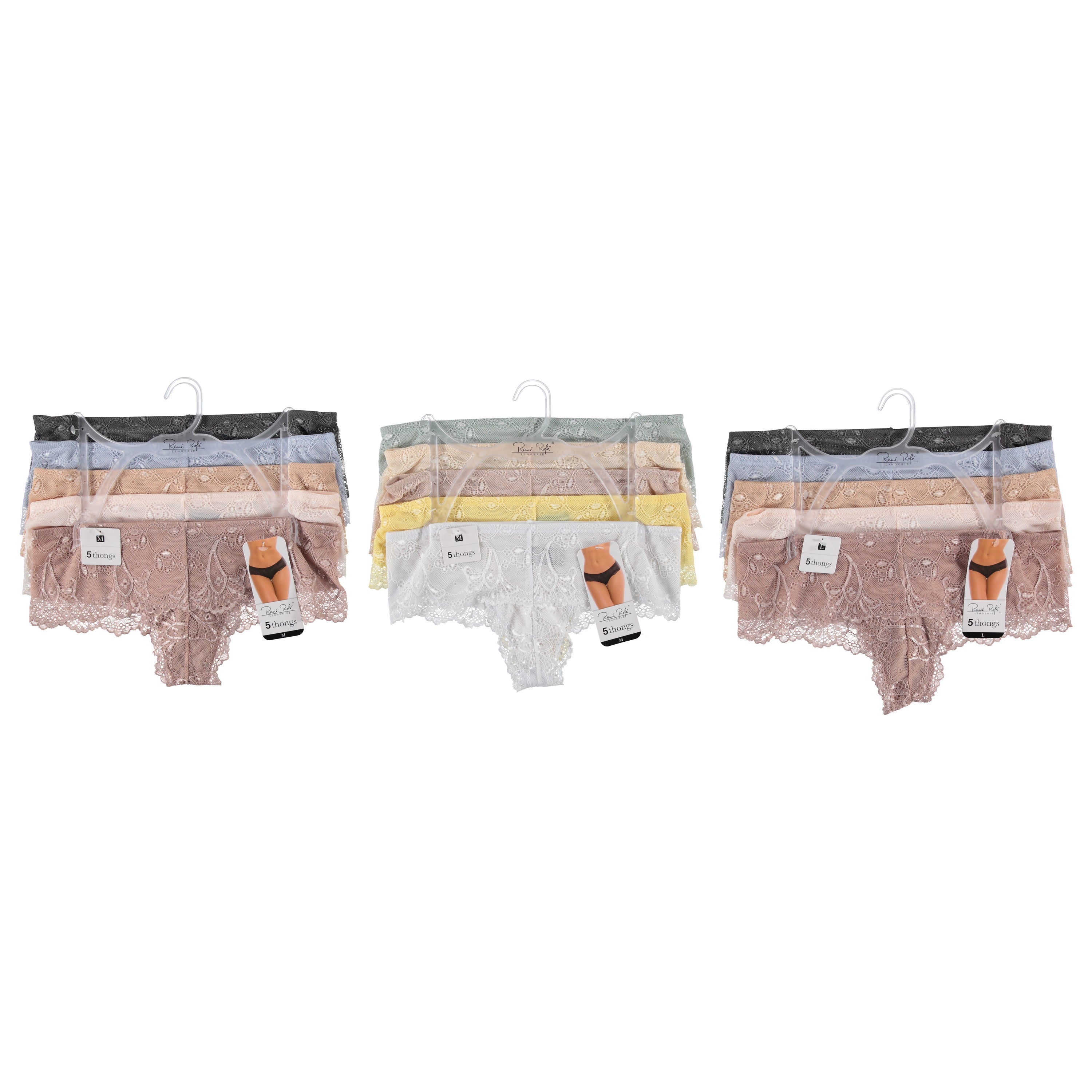 Rene Rofe Women 5 Pack Hipster Thong - Assorted Styles & Colors On Hanger & Tag (RRLHTH5)