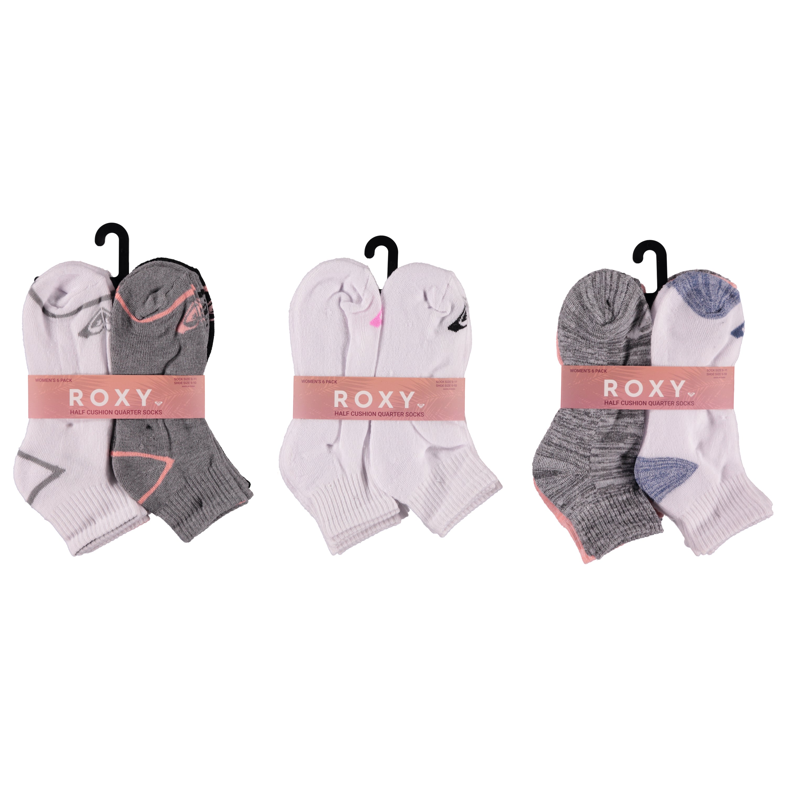 Roxy Ladies 6 Pack Quarter Socks - Assorted Colors & Designs (RXLQ6)