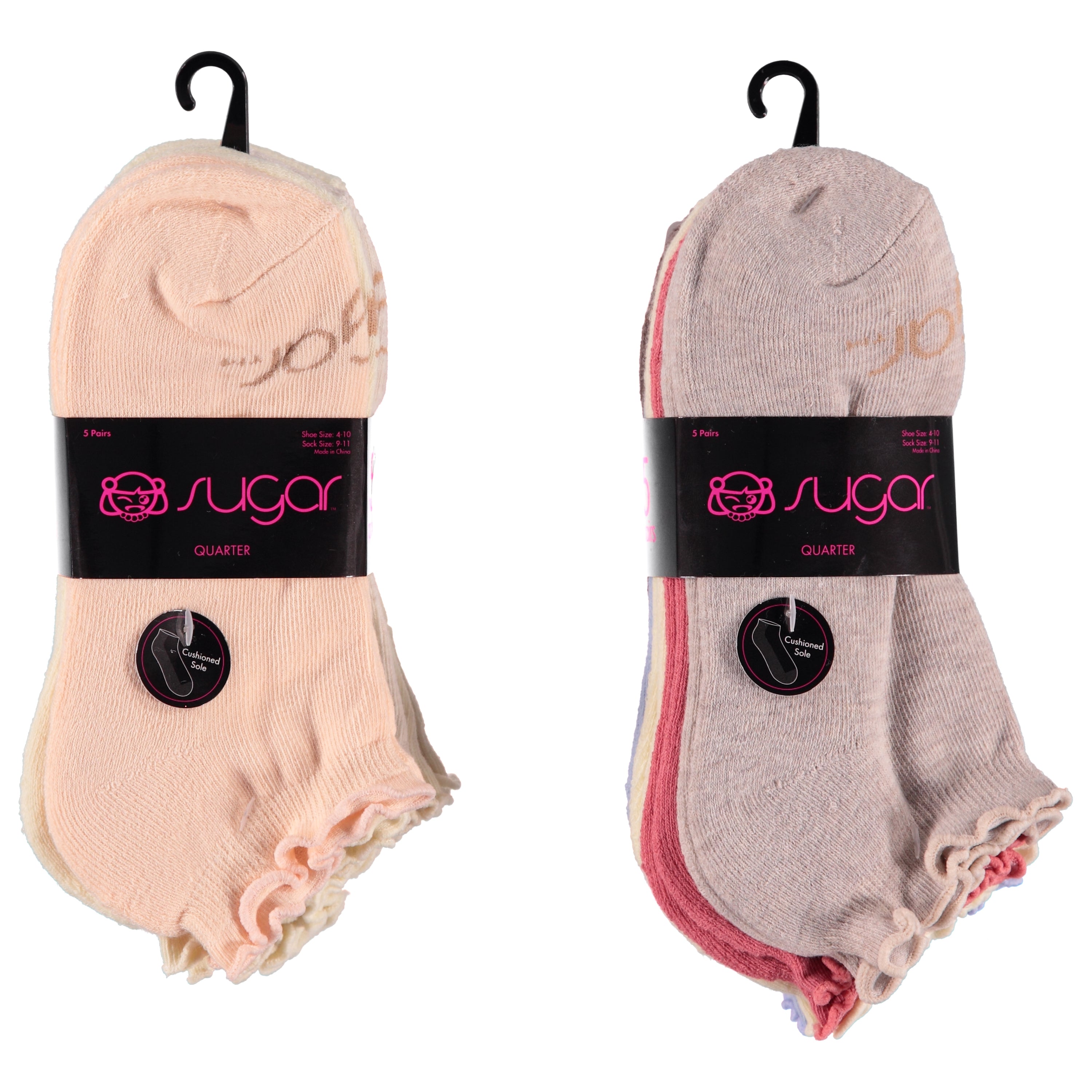 Sugar 5 Pack Ladies Cushion Ankle Socks With Ruffle Top - Assorted Colors & Styles (SGLSS5)
