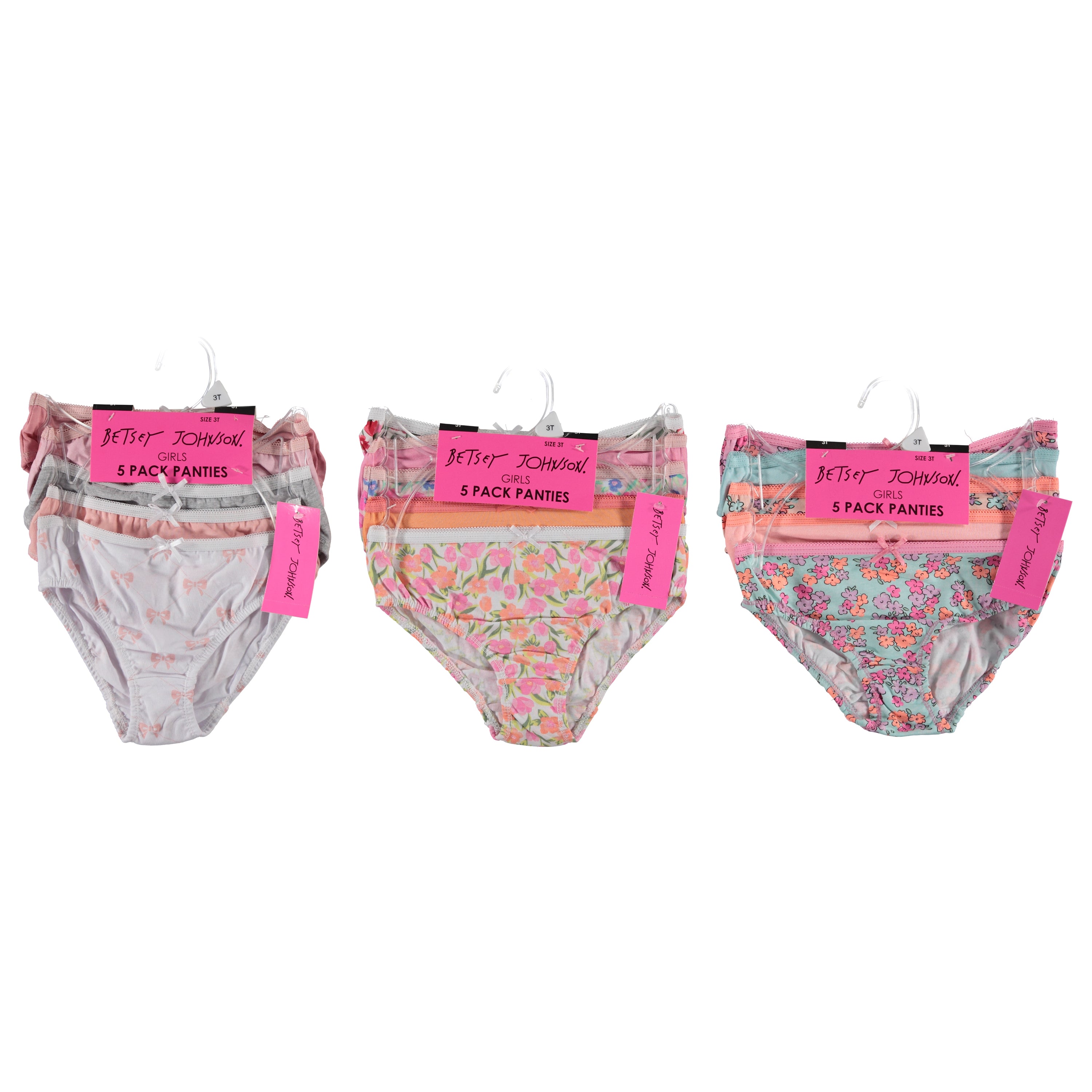 Betsey Johnson Toddler Girls 5 Pack Cotton Bikini On A Hanger - Assorted Colors & Sizes (T-BJGP5)