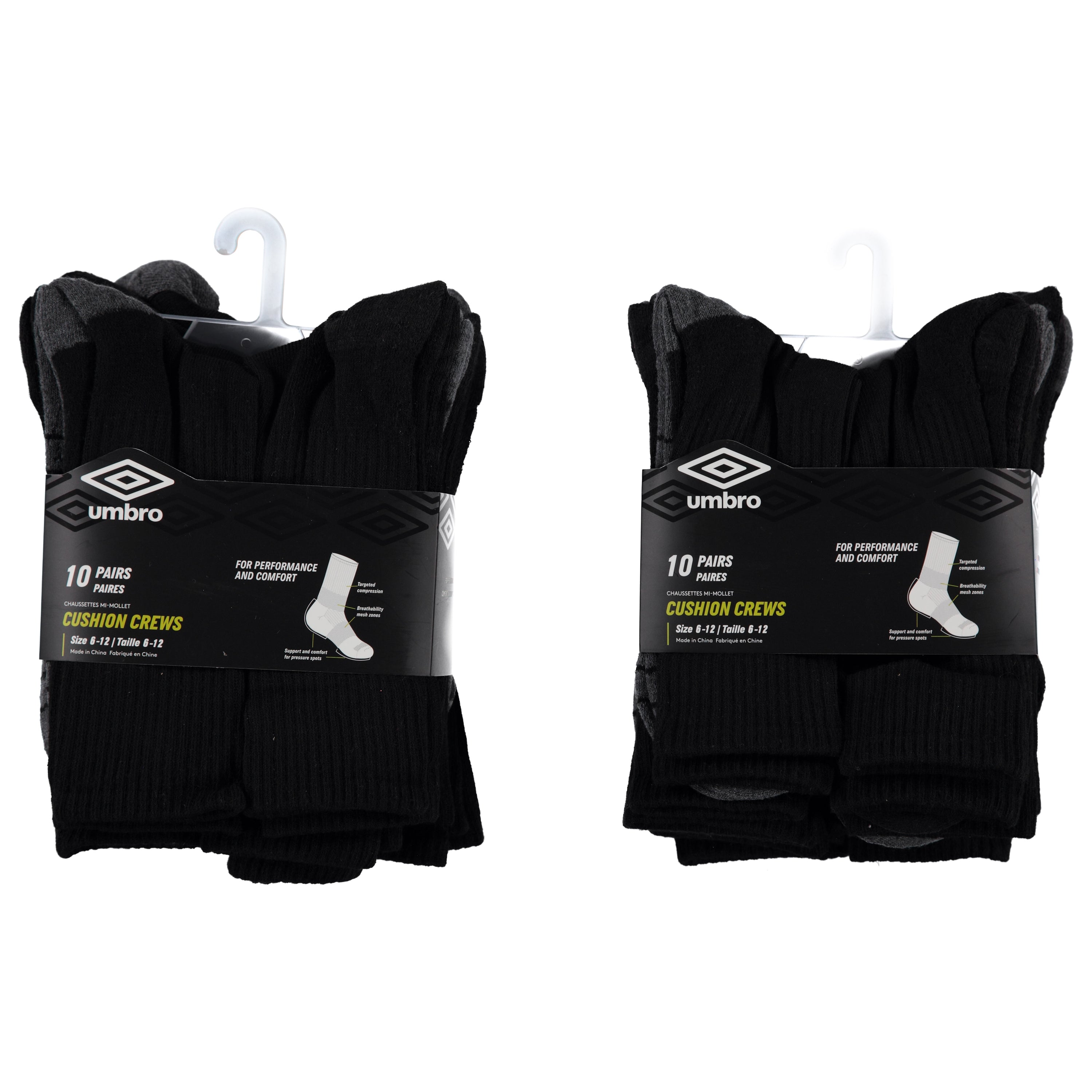 Umbro Mens 10 pack Black Cushion Crew Socks - Black (UMCQM)